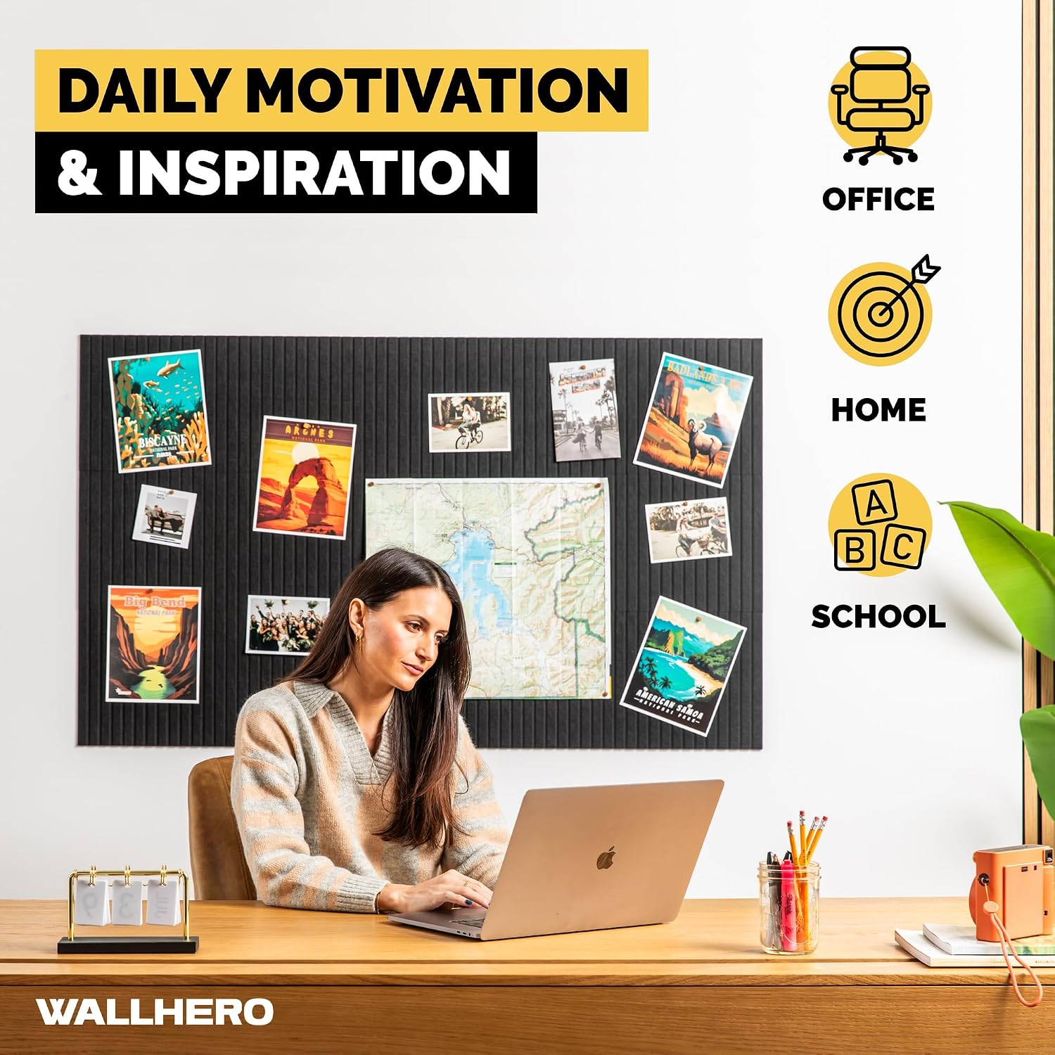 Detalle de WallHero 15x_12inch_slat Large Felt Bulletin Board, 15 Black Tiles