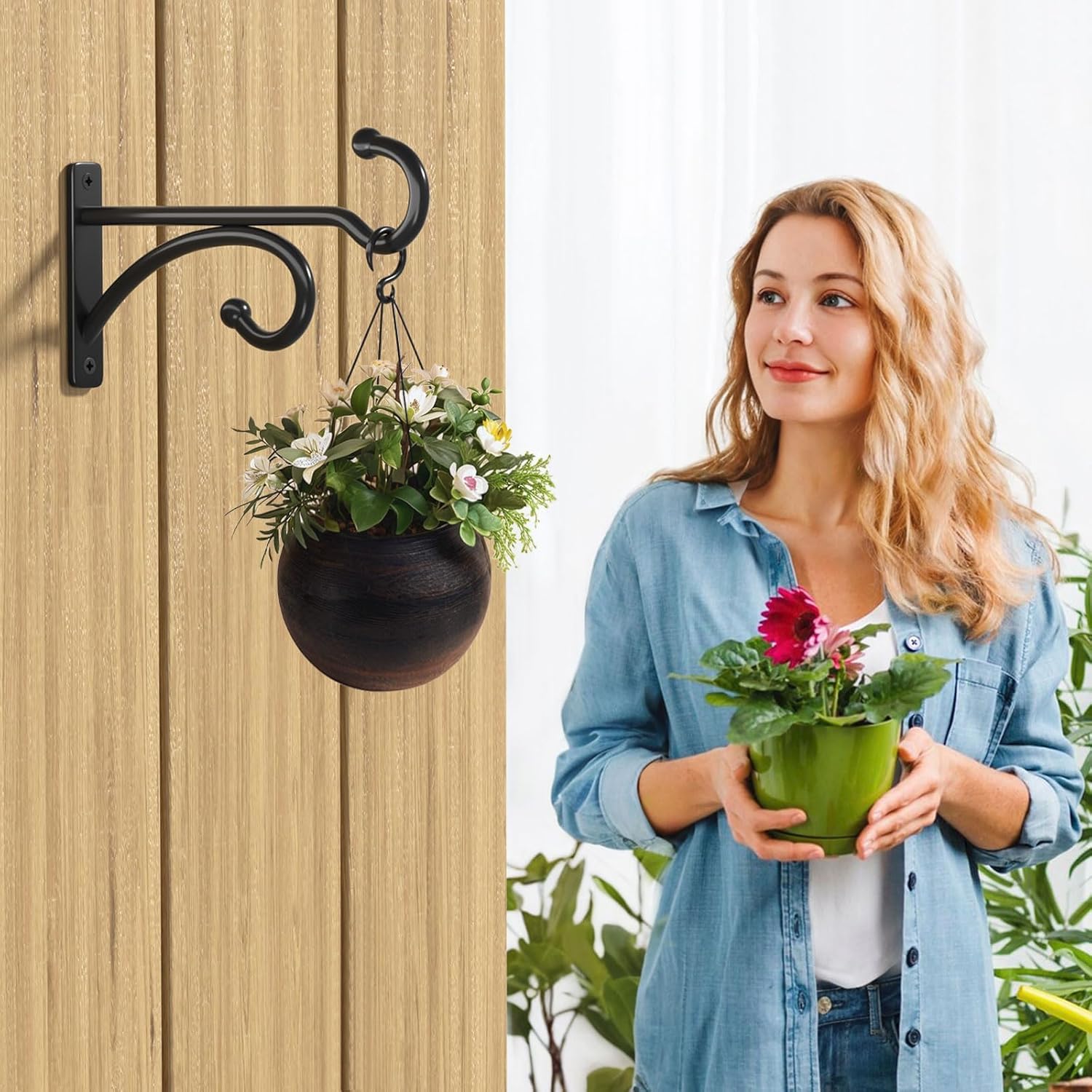 Thumbnail 6 de 2 Pcs 15cm Planter Hooks for Hanging Plants | Sturdy Black Metal Plant Hanger Hooks (Indoor/Outdoor)