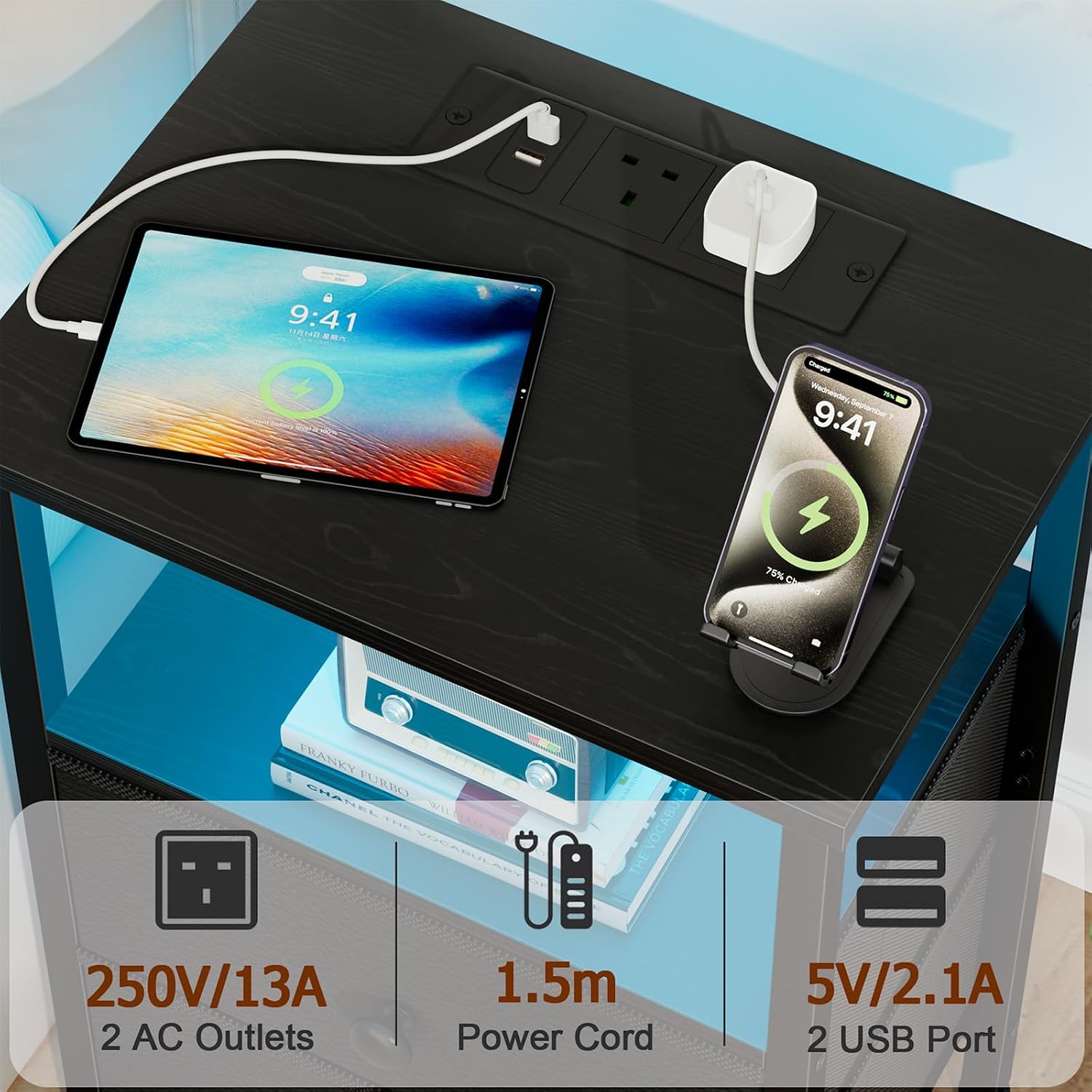 Detalle 2 de LOAKEKEL UHETS02BK-1 bedside table with LED