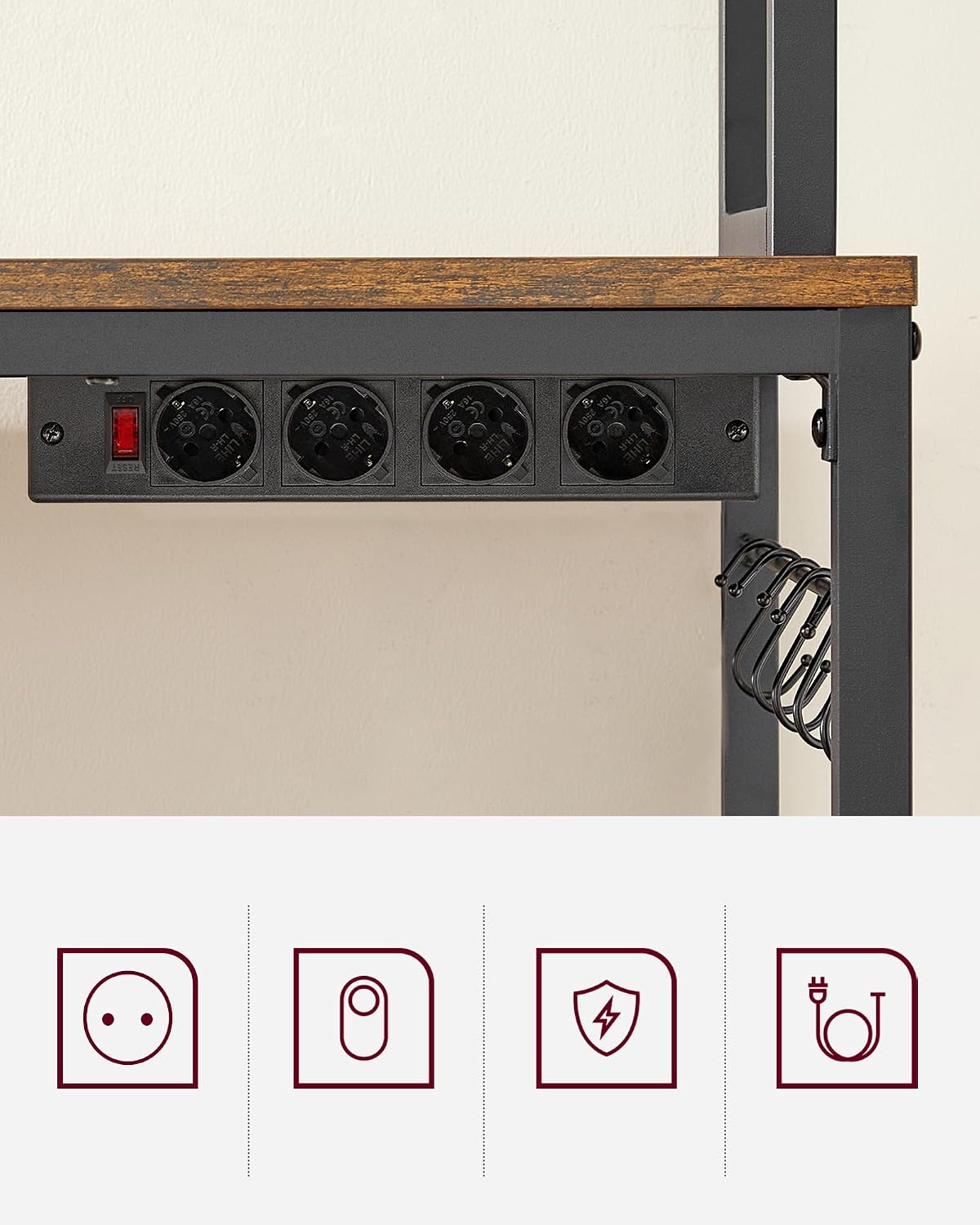 Detalle de VASAGLE KKS025B01EU kökshylla med eluttag, 5 hyllplan och 14 krokar