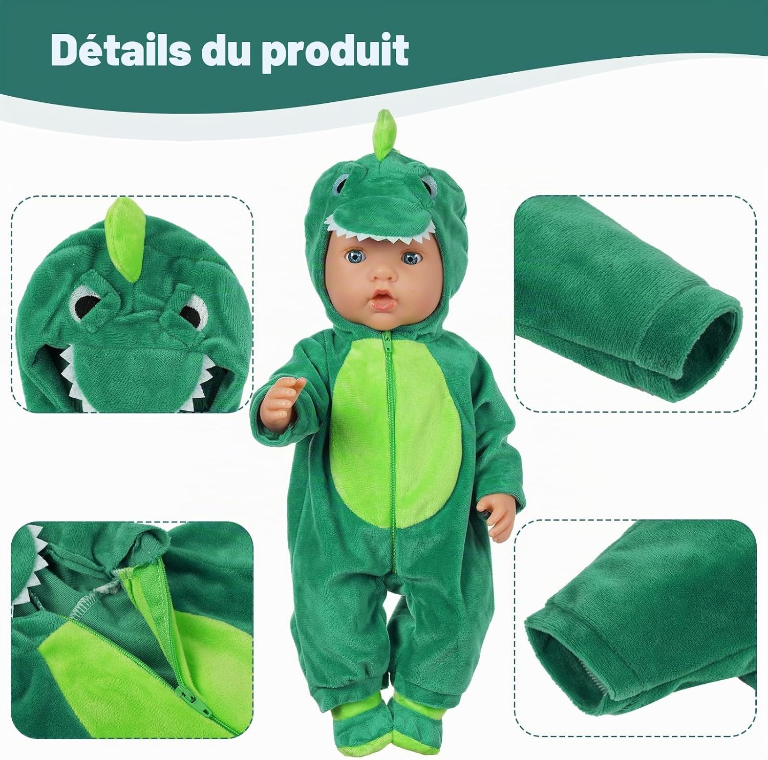 Detalle de Aolso EUV8-LTY-GKL-FBA poppenkleding voor 35-45 cm, dinosaurusjumpsuit