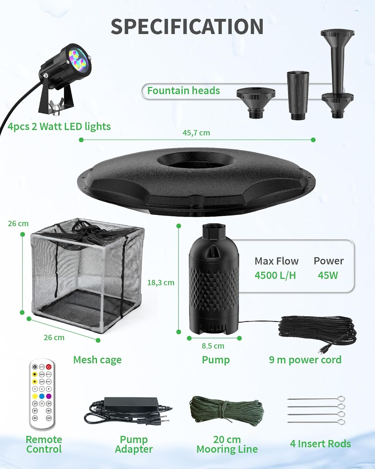 Thumbnail 5 de POPOSOAP Floating Pond Fountain & Aerator Complete Kit with LED Lights