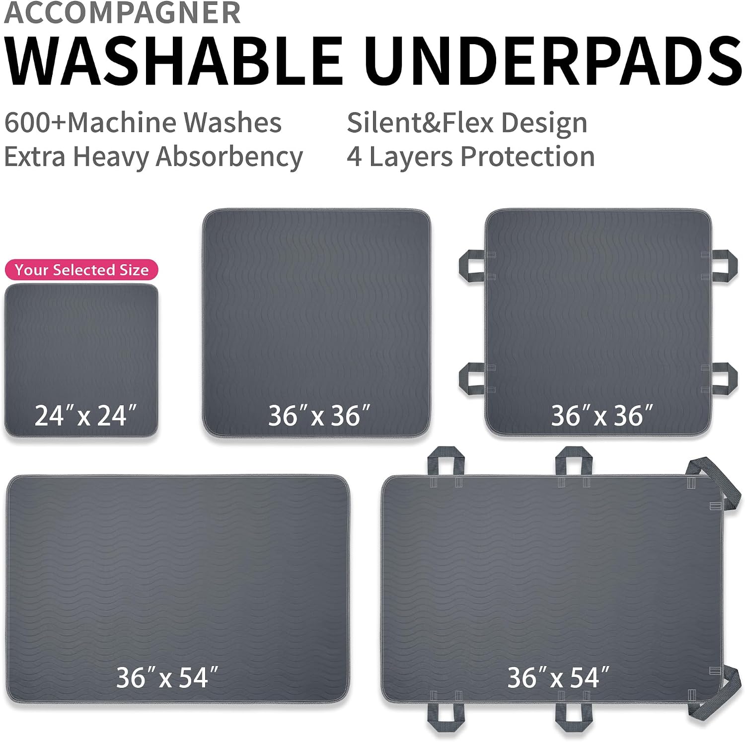 Thumbnail 3 de Accompagner Waterproof Washable Bed Pads (24"x24", Pack of 4) – Ultra-Absorbent Reusable Underpads