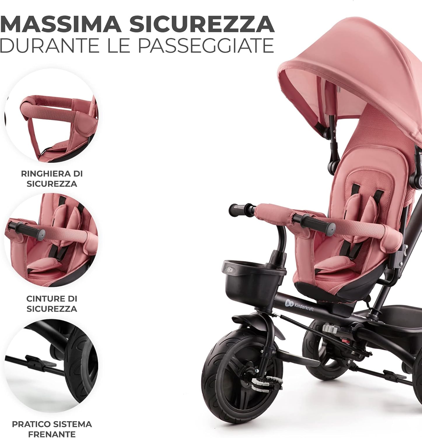 Thumbnail 6 de Kinderkraft AVEO Triciclo per bambini 9 mesi – 25 kg, maniglione regolabile, pieghevole, sedile girevole fronte mamma e strada, rosa