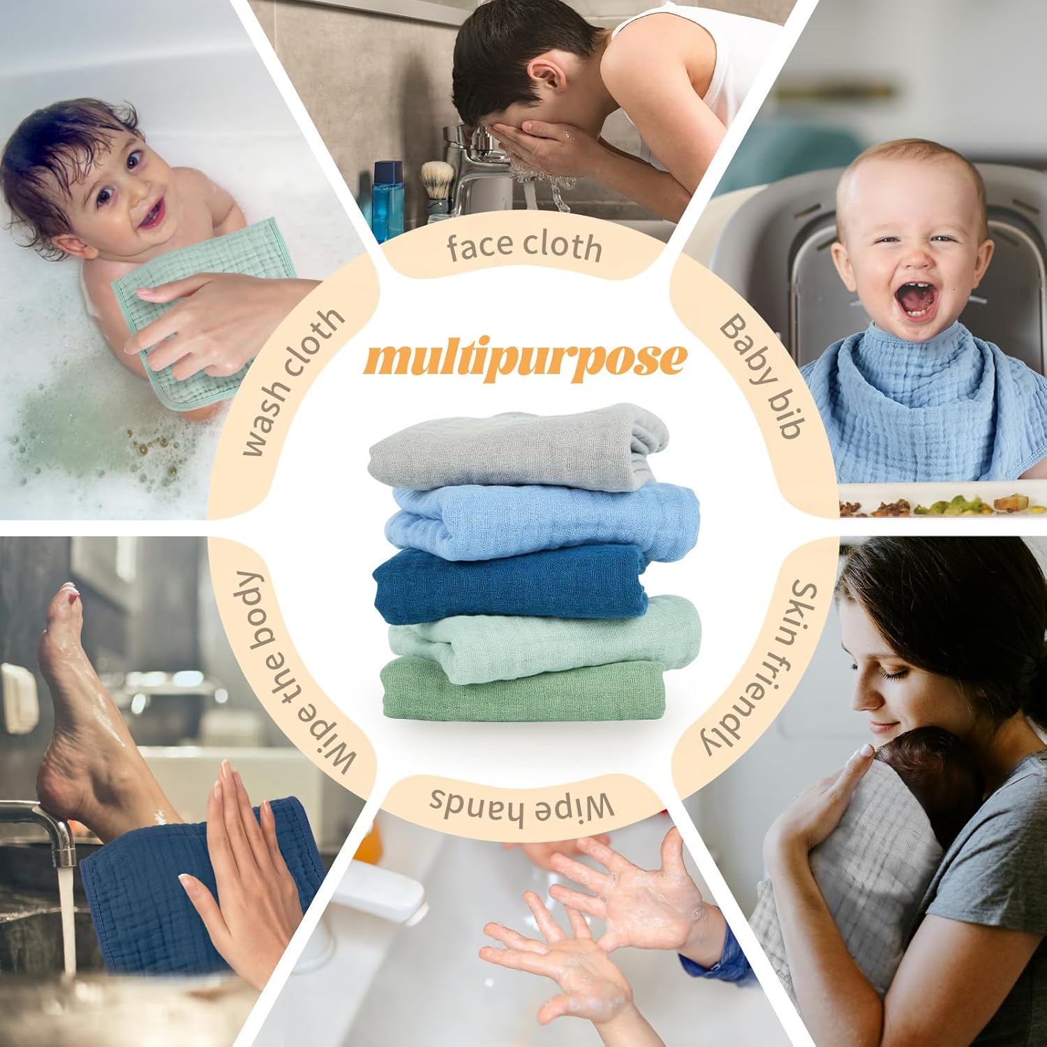 Detalle 2 de MIGIOL Baby Burp Cloths 5-Pack – 100% Cotton Muslin, 10x20 inches, Blue & Green