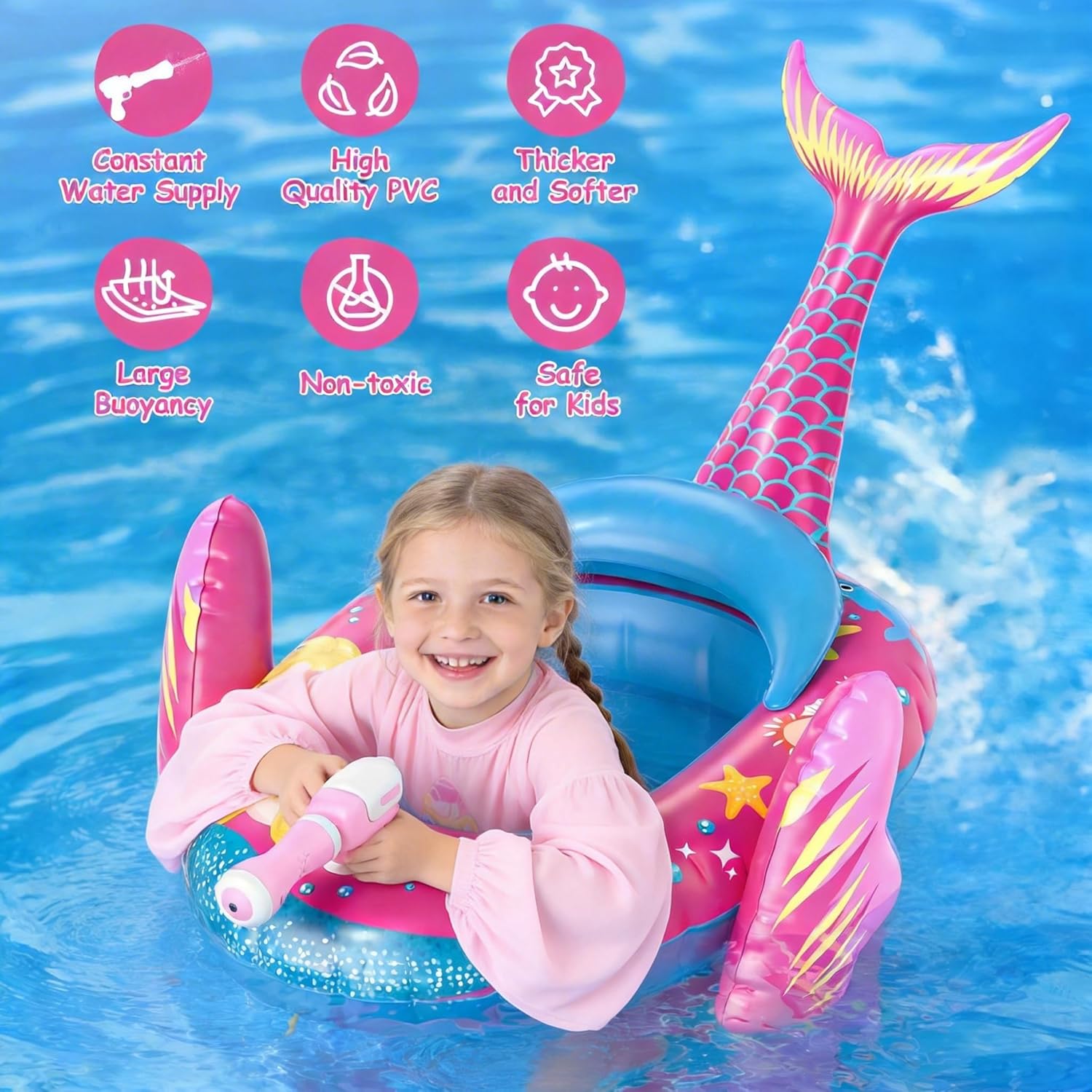 Thumbnail 1 de ASDGZD Mermaid Kids Pool Float with Water Gun — 44 x 29 inches inflatable