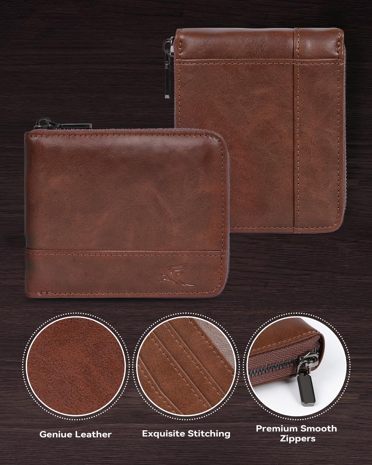Detalle 1 de Swallowmall Men's Zippered Leather Bifold Wallet, RFID Blocking, 2 ID Windows