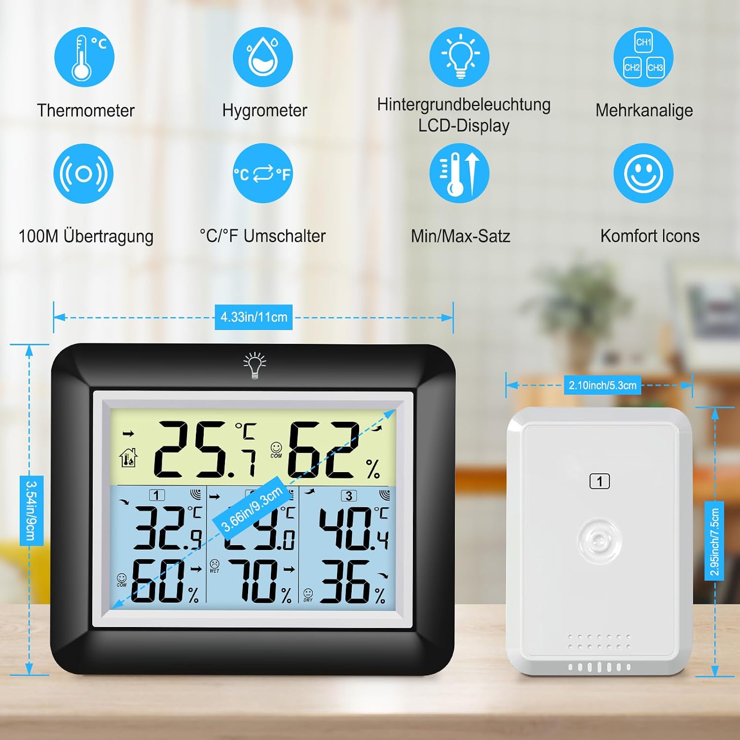 Detalle 2 de Urageuxy Funk-Thermometer mit 3 Sensoren 🌡