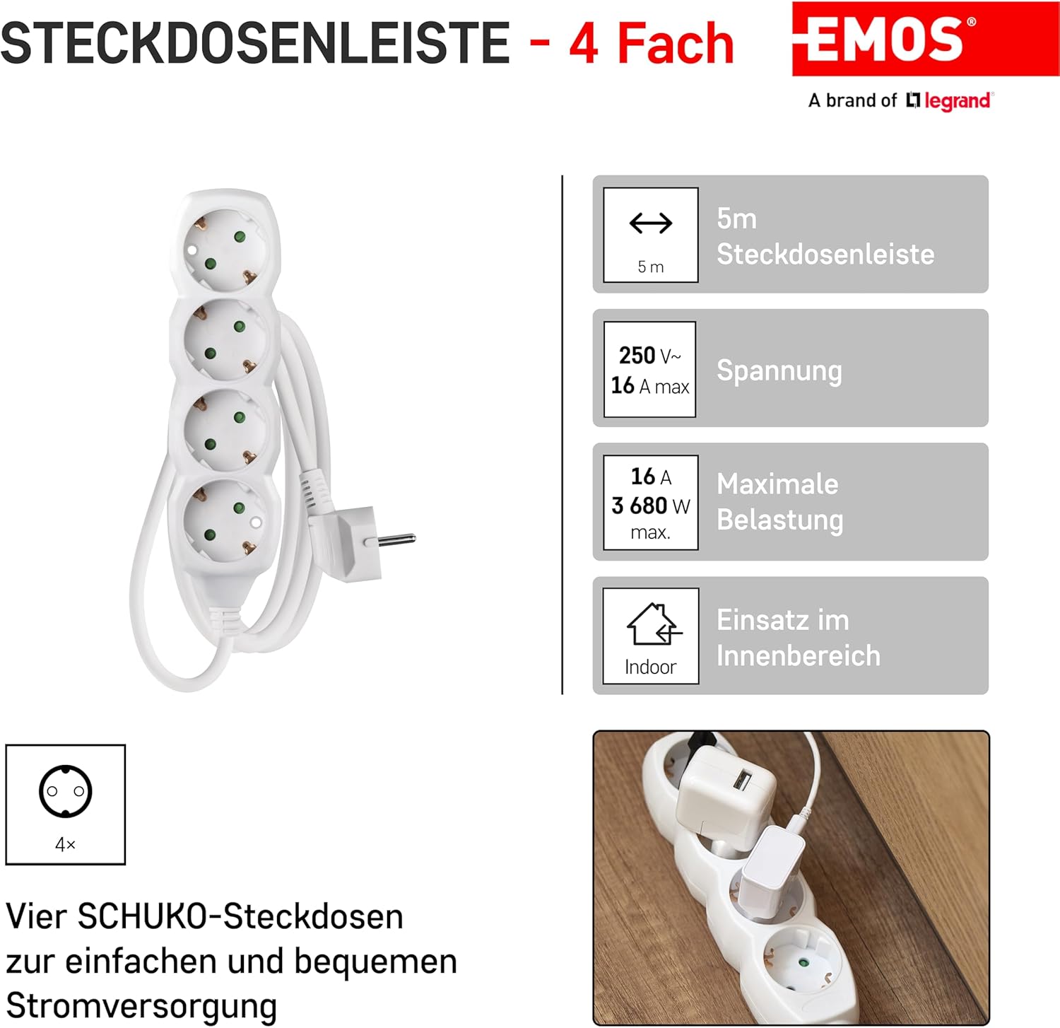 Thumbnail 1 de EMOS 4-fach Steckdosenleiste 5 m (4 Schuko, 45° gedreht) – 250 V/16 A, 3.680 W, weiß