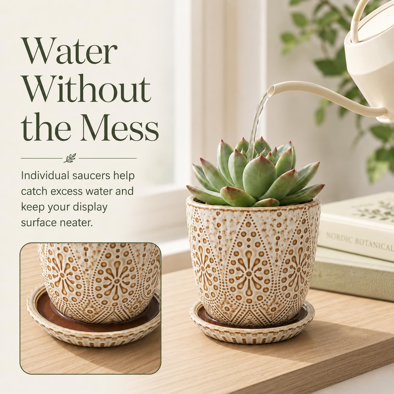 Detalle 1 de Gepege 4-Inch Ceramic Succulent Pots with Drainage, Saucers, Set of 4