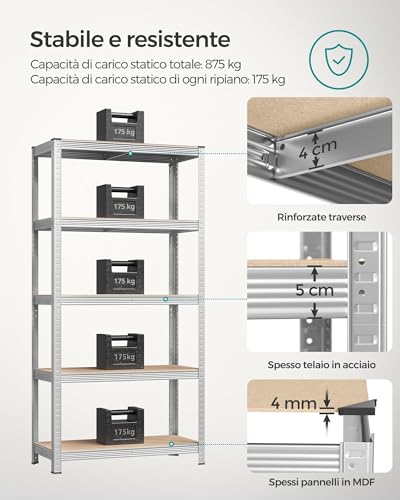 Thumbnail 3 de SONGMICS Set di 2 Scaffali in Metallo 5 Ripiani Regolabili, Senza Viti, Portante 875 kg – 40 x 90 x 180 cm (ARGENTO) GLR040E02