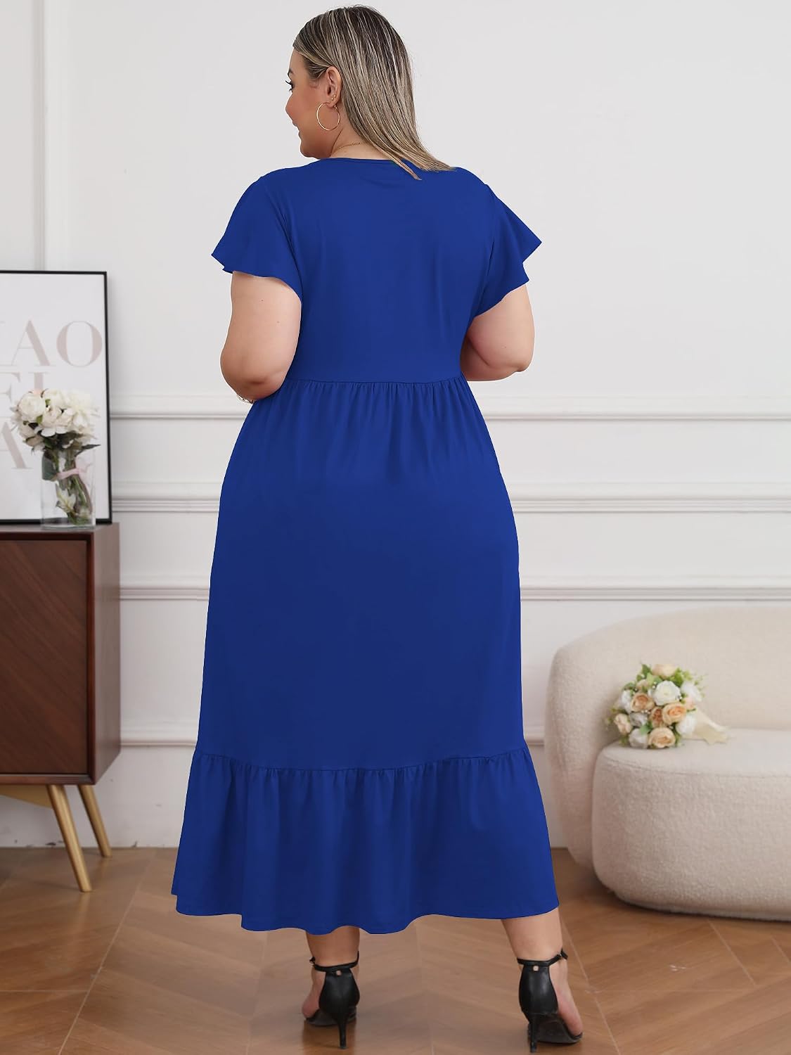 Detalle de Moon Wood Robe d'été Femme Grande Taille - Longue Bohème à Manches Courtes avec Poches