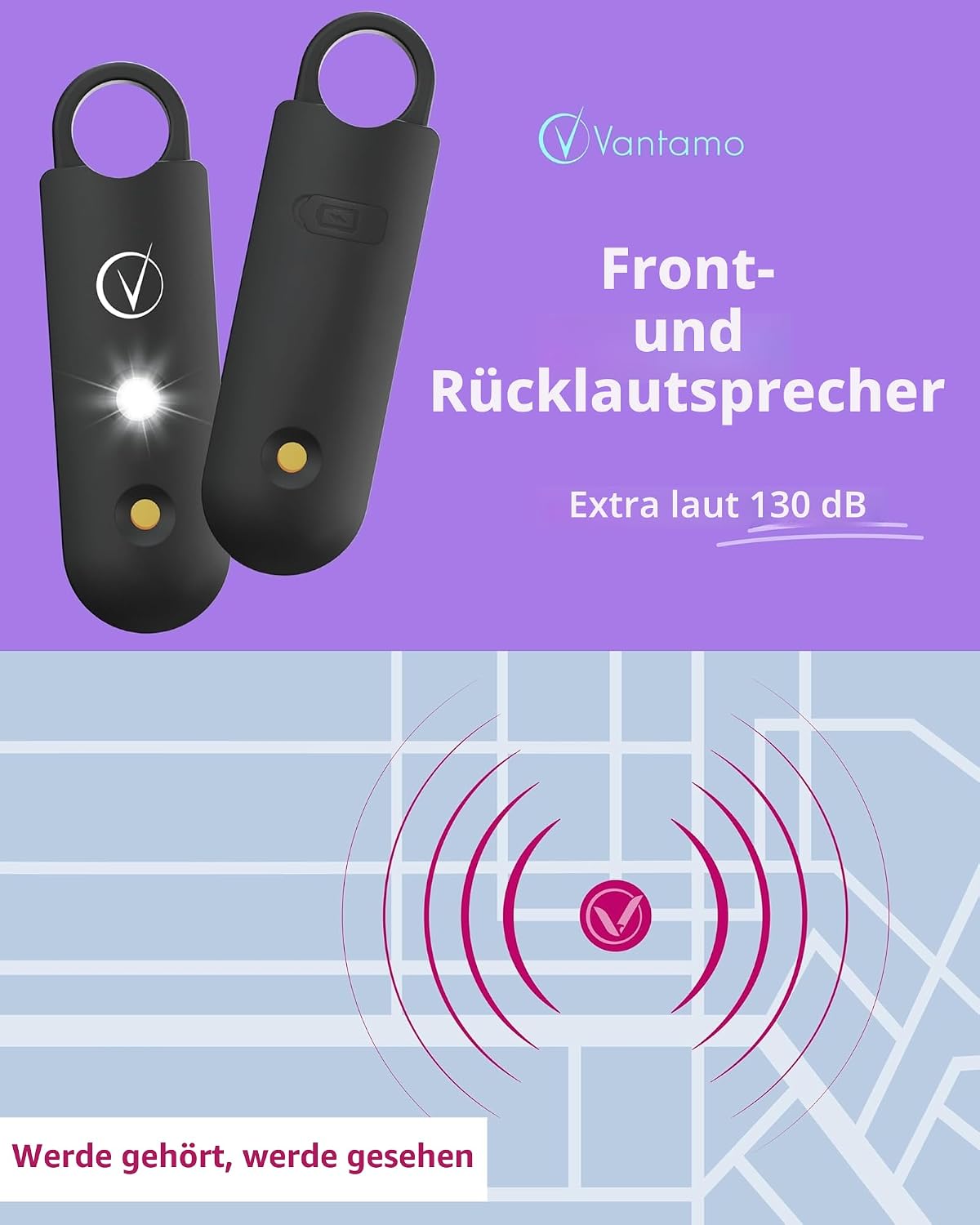 Detalle de Vantamo Taschenalarm 130 dB – Schlüsselanhänger ⛑