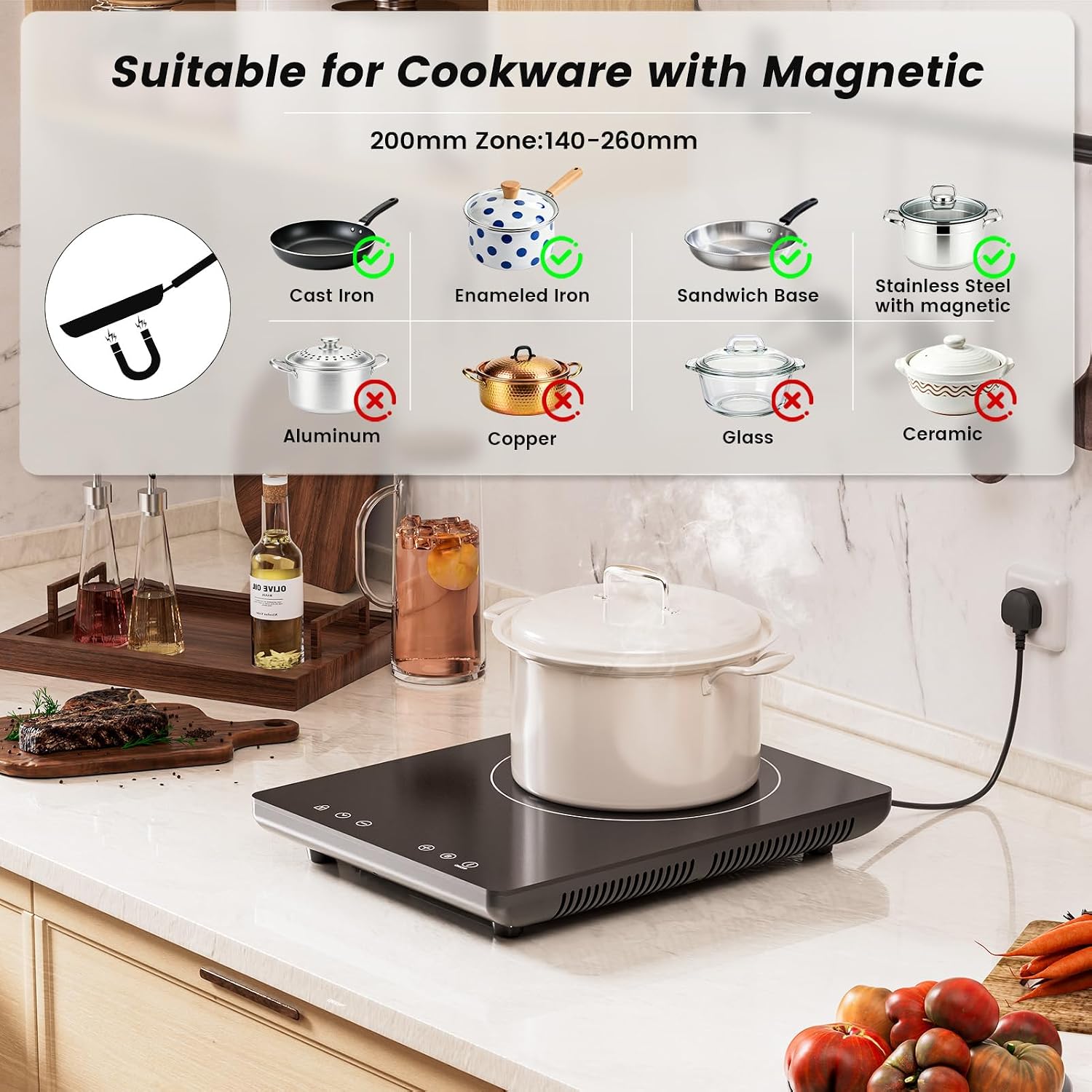 Detalle de BOOVAL PIH201T Single Induction Hob (Black) – 2000W Portable Induction Cooker