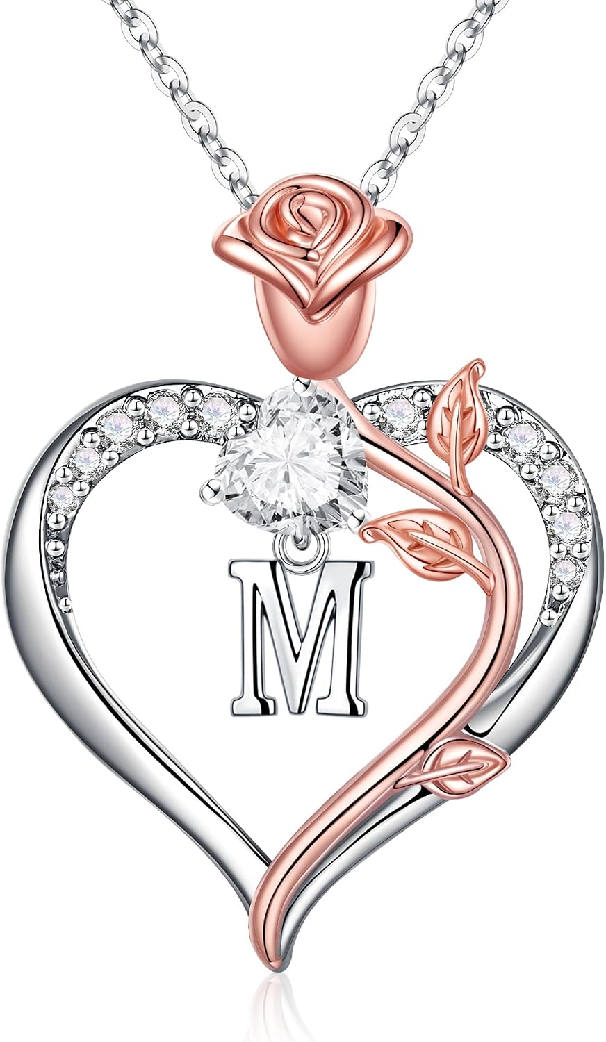 Detalle de TINGN Rosen-Herz Halskette für Damen, 14K Weißgold vergoldet mit CZ Herz-Anhänger – Geschenkidee