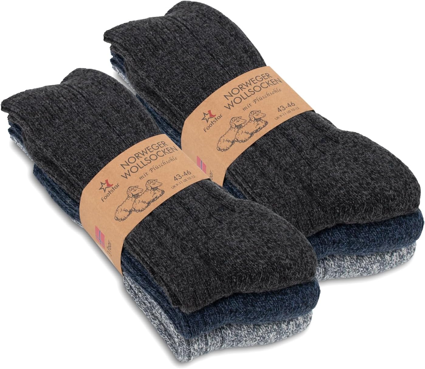6 Pairs Men's Wool Winter Socks with Terry-Cloth Soles and Wide Cuffs