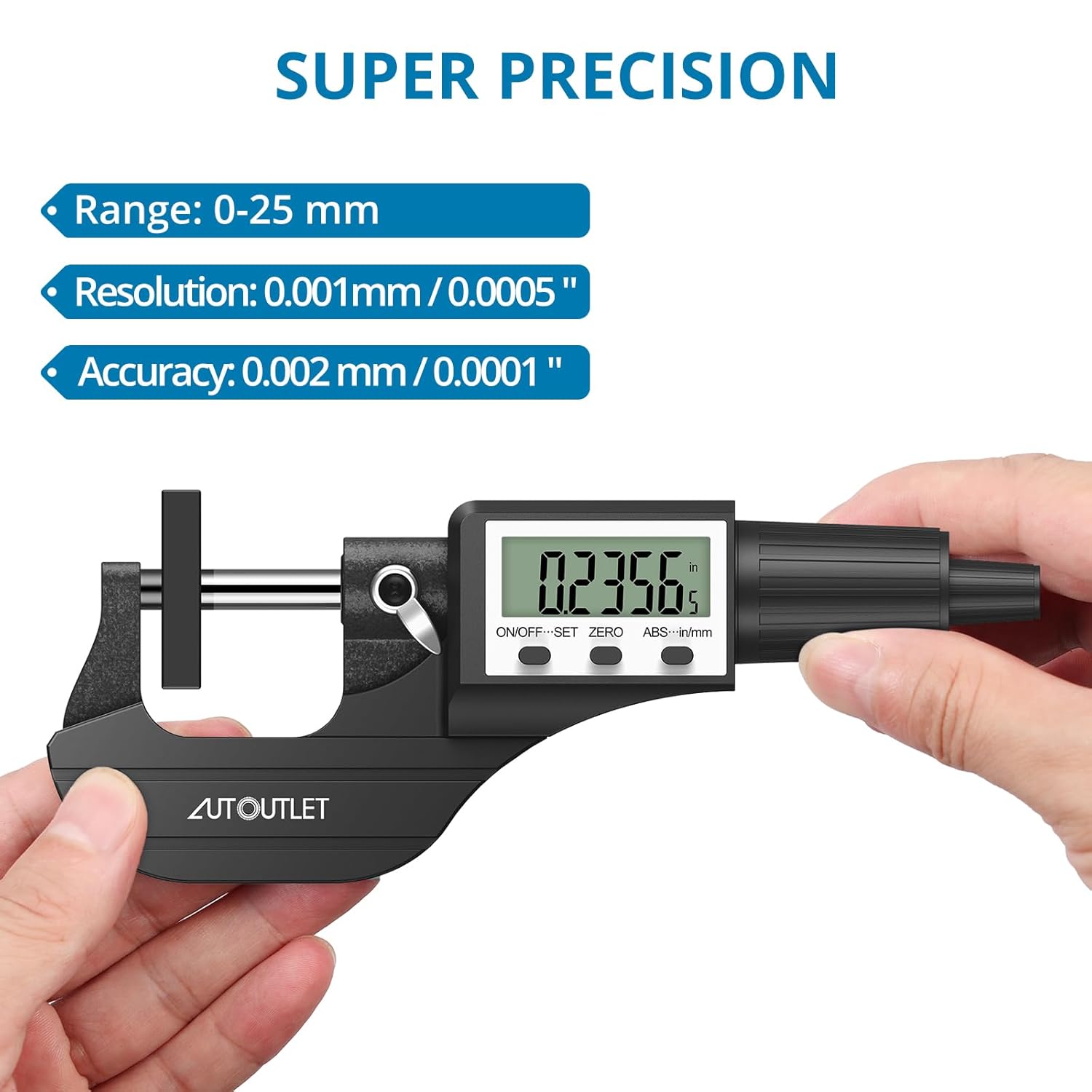 Detalle de AUTOUTLET 0~25mm/0-1" External Micrometer with Stainless Steel Anvil — Digital Precision for Professionals