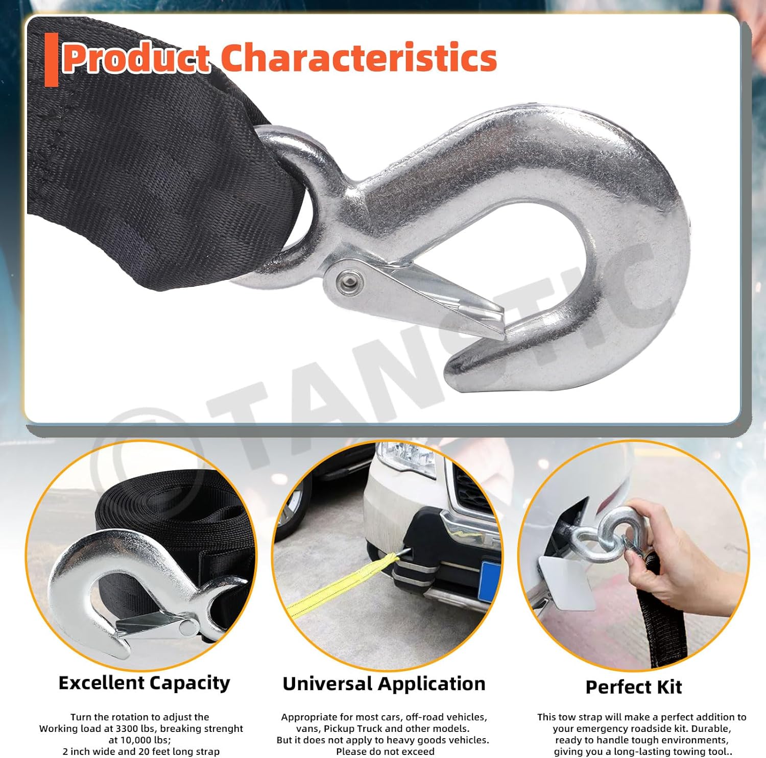 Thumbnail 3 de Tanstic 2 inch x 20 feet boat trailer winch strap with safety hook (4,400 lbs working load)