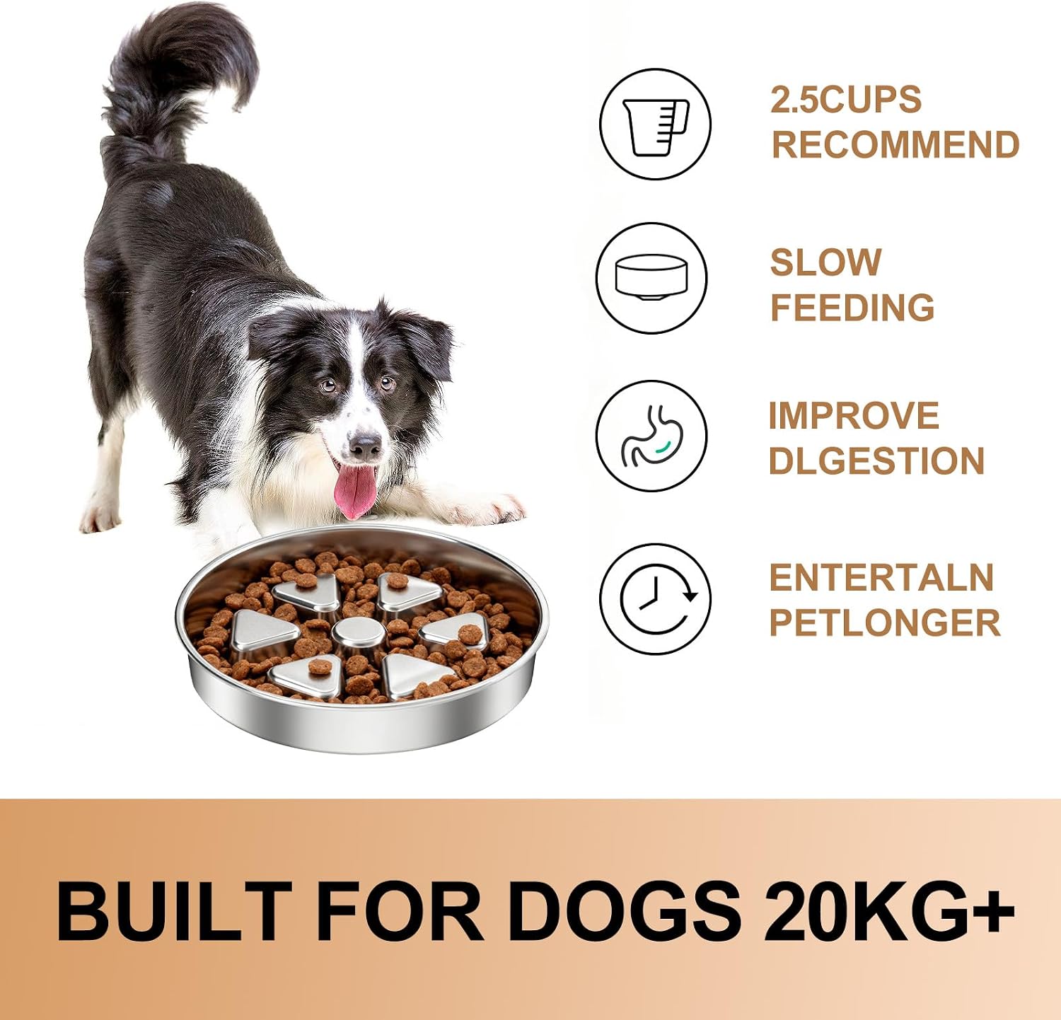 Detalle de RYAKKA Slow Feeder Dog Bowl with Heavy-Duty Stainless Steel – 25.4 cm (3 Cups) for Medium to Large Dogs & Cats