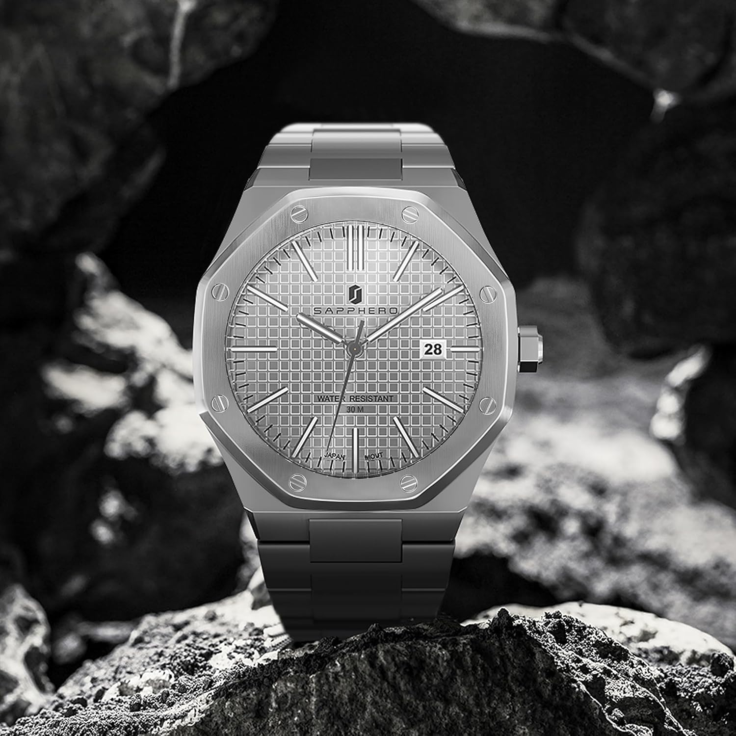 Thumbnail 4 de SAPPHERO Montre Quartz pour Homme – bracelet en acier inoxydable argenté, étanche 50 m, calendrier
