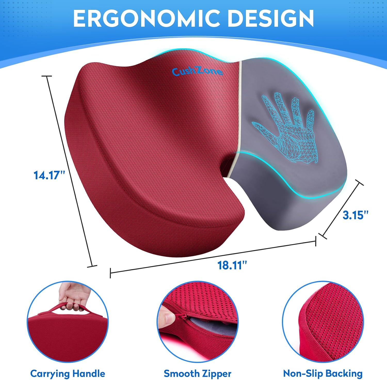 Detalle de CushZone MPN-CZ0004-RE Memory Foam Seat Cushion, Red, U-Shaped Cutout