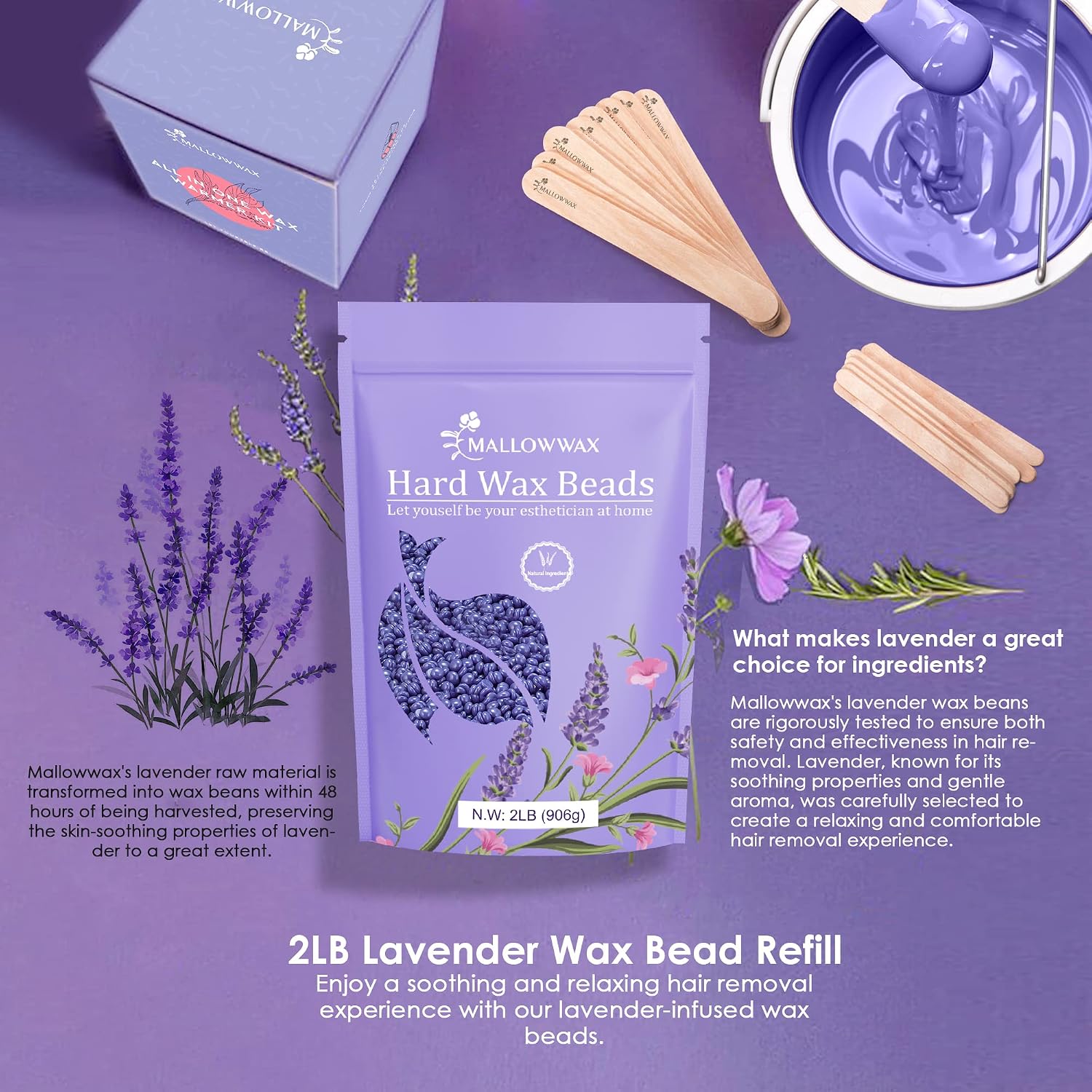 Detalle 1 de Mallowwax Lavender Hard Wax Beads, Stripless, Refillable, 2 lb