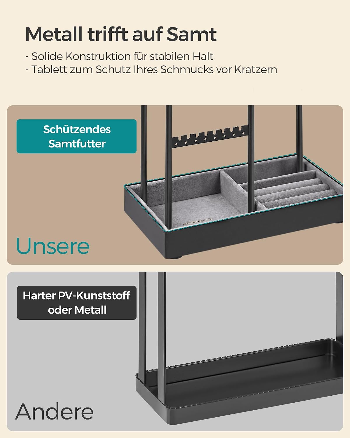 Thumbnail 4 de SONGMICS Schmuckständer aus Metallrahmen mit Samttablett – Ordnung für Halsketten, Armbänder und mehr