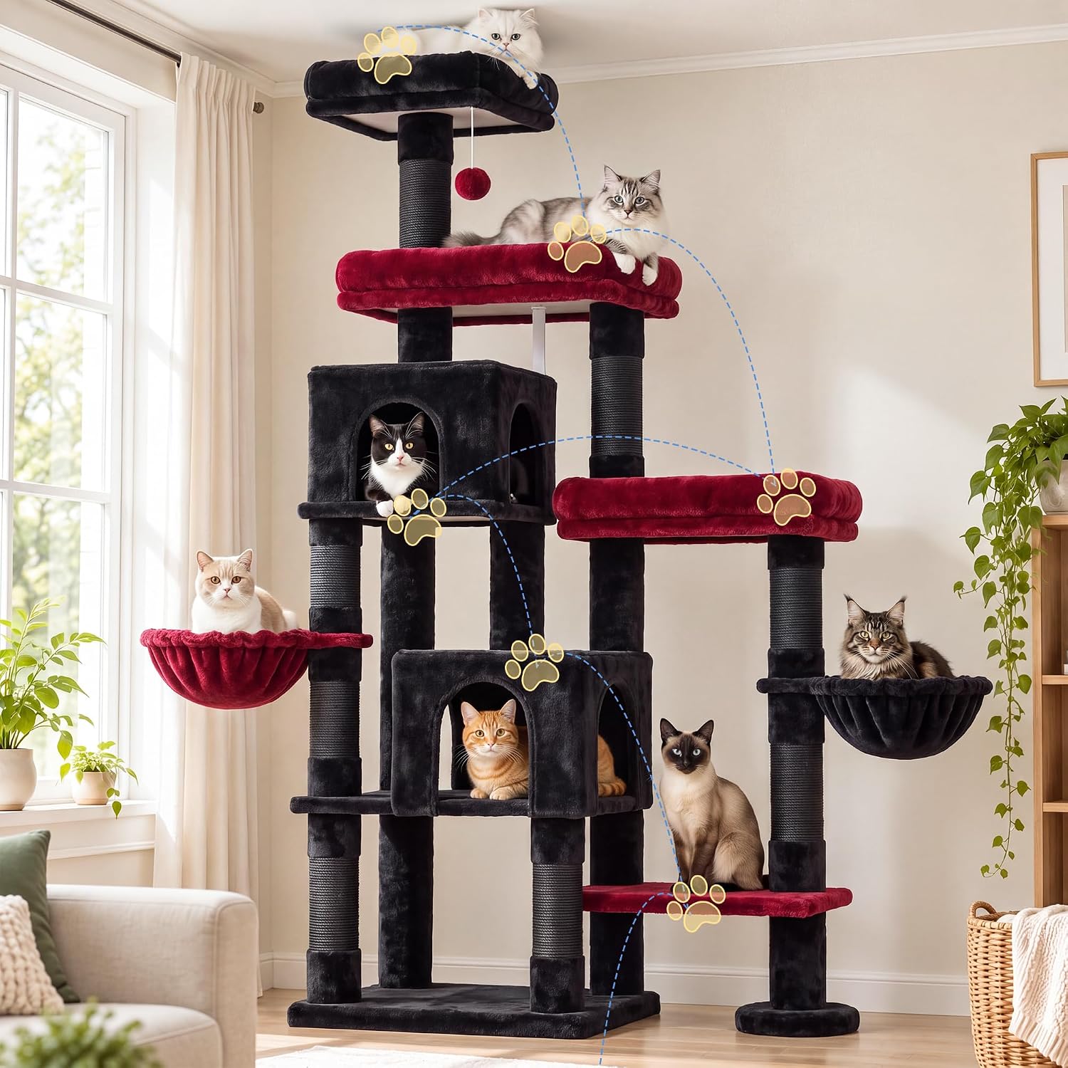 Thumbnail 6 de Hey-brother MPJ038BR Cat Tree Tower, 6 Levels, Sisal Posts, Two Condos