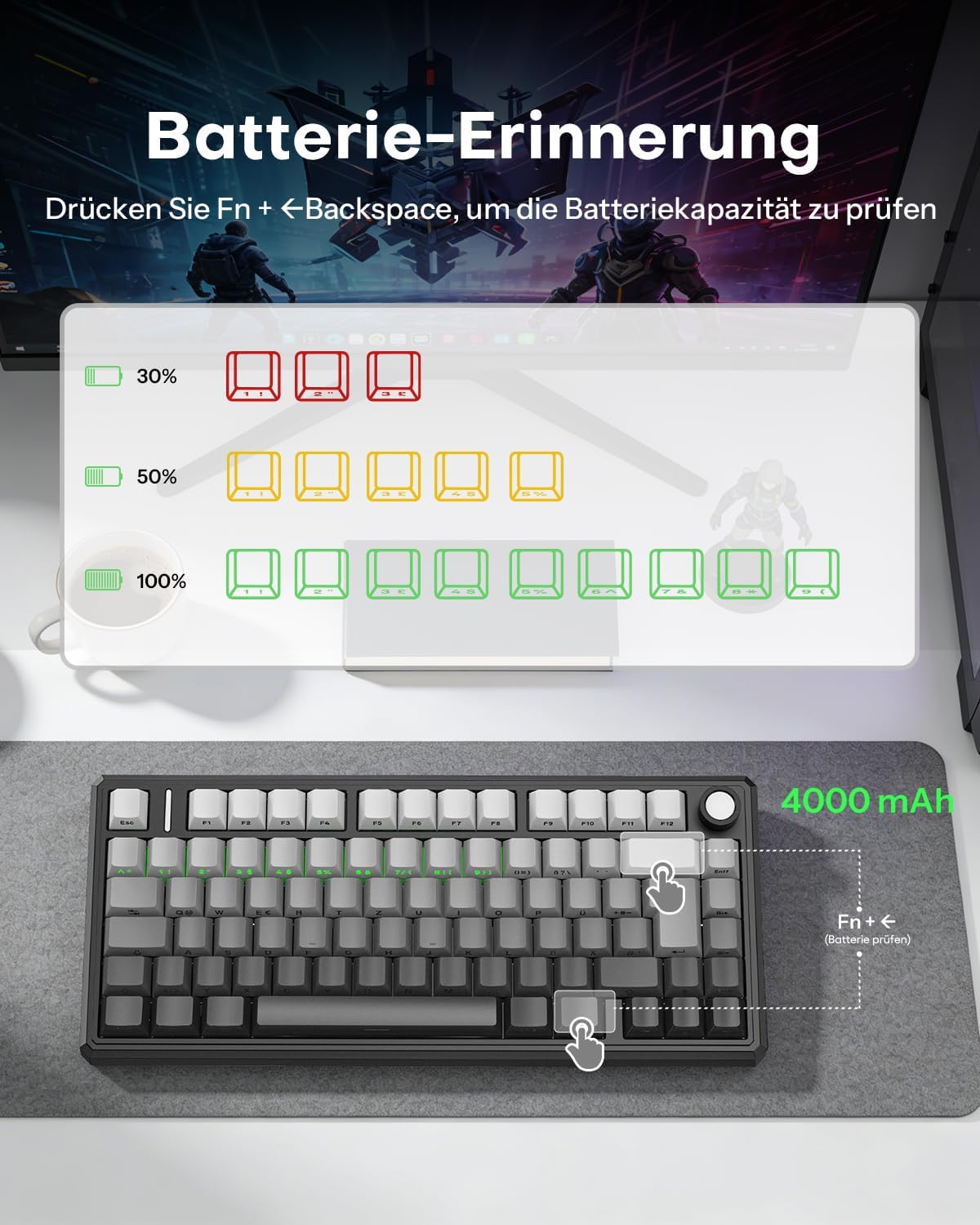 Thumbnail 5 de OMOTON 75% Mechanische Gaming Tastatur Kabellos mit QWERTZ ISO, Hot-Swap, QMK VIA, 4000mAh Akku – MK212