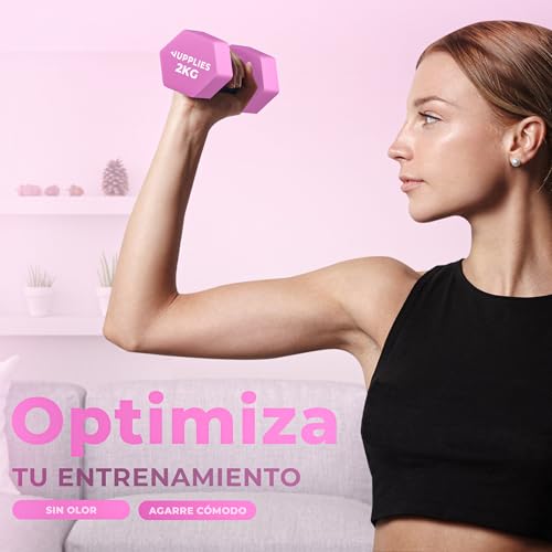 Thumbnail 4 de JUPPLIES Juego de Mancuernas de Neopreno Rosa 2 x 2 kg – Antideslizantes, diseño hexagonal y compacto
