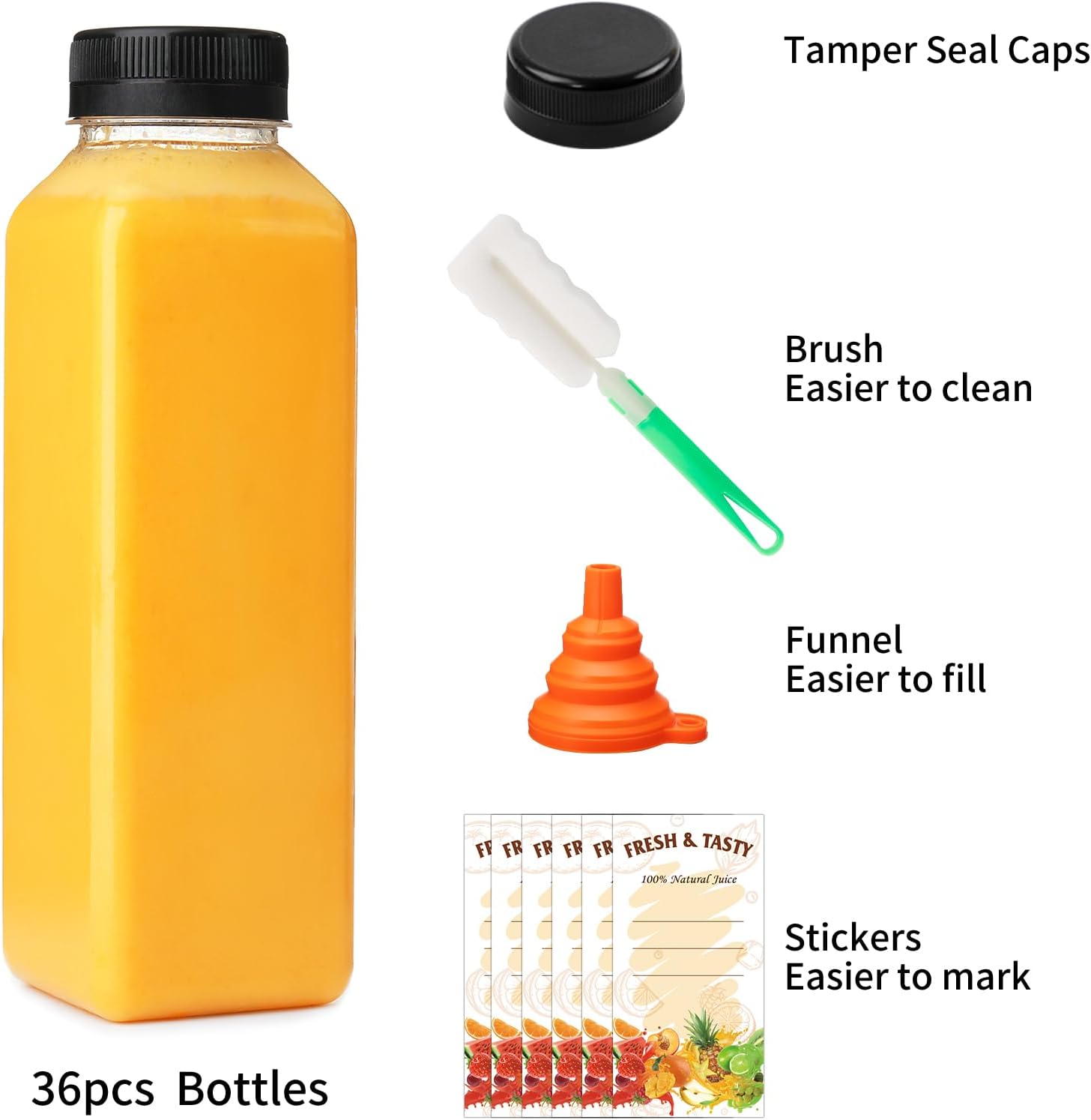 Thumbnail 2 de BAKHUK 36-Pack 16oz Empty Plastic Juice Bottles with Caps (Clear PET) + Lids, Brush, Funnel & Stickers