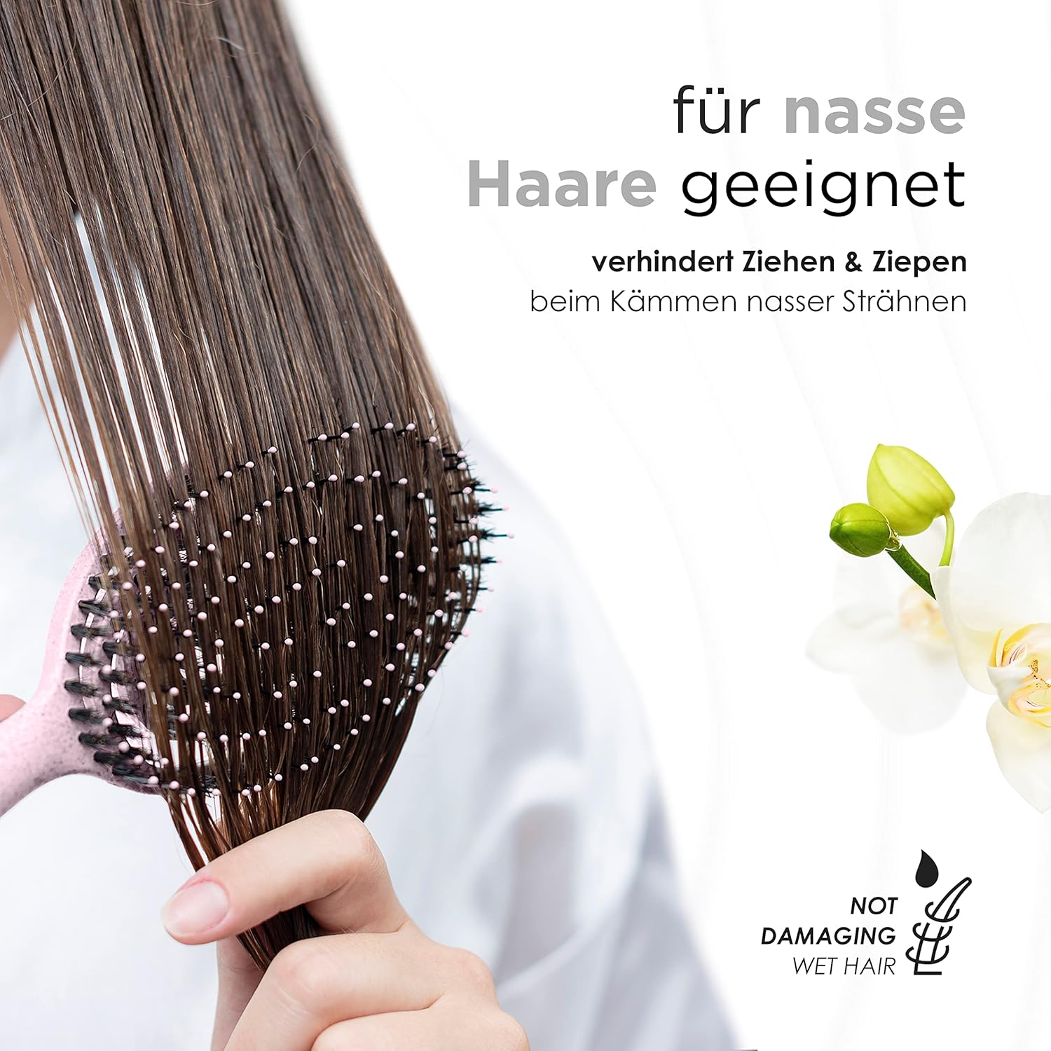 Thumbnail 5 de FABCARE Bio Haarbürste mit Wildschweinborsten rund (Rosa) – Detangler-Bürste mit Doppelspiralfeder inkl. E-Book