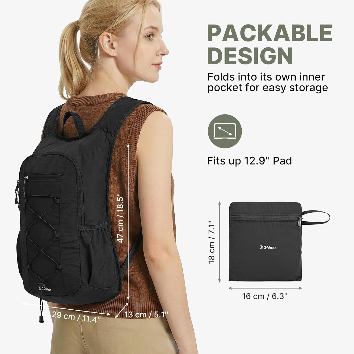 Detalle de G4Free 20L Packable Hiking Backpack, Water-Repellent Nylon Daypack