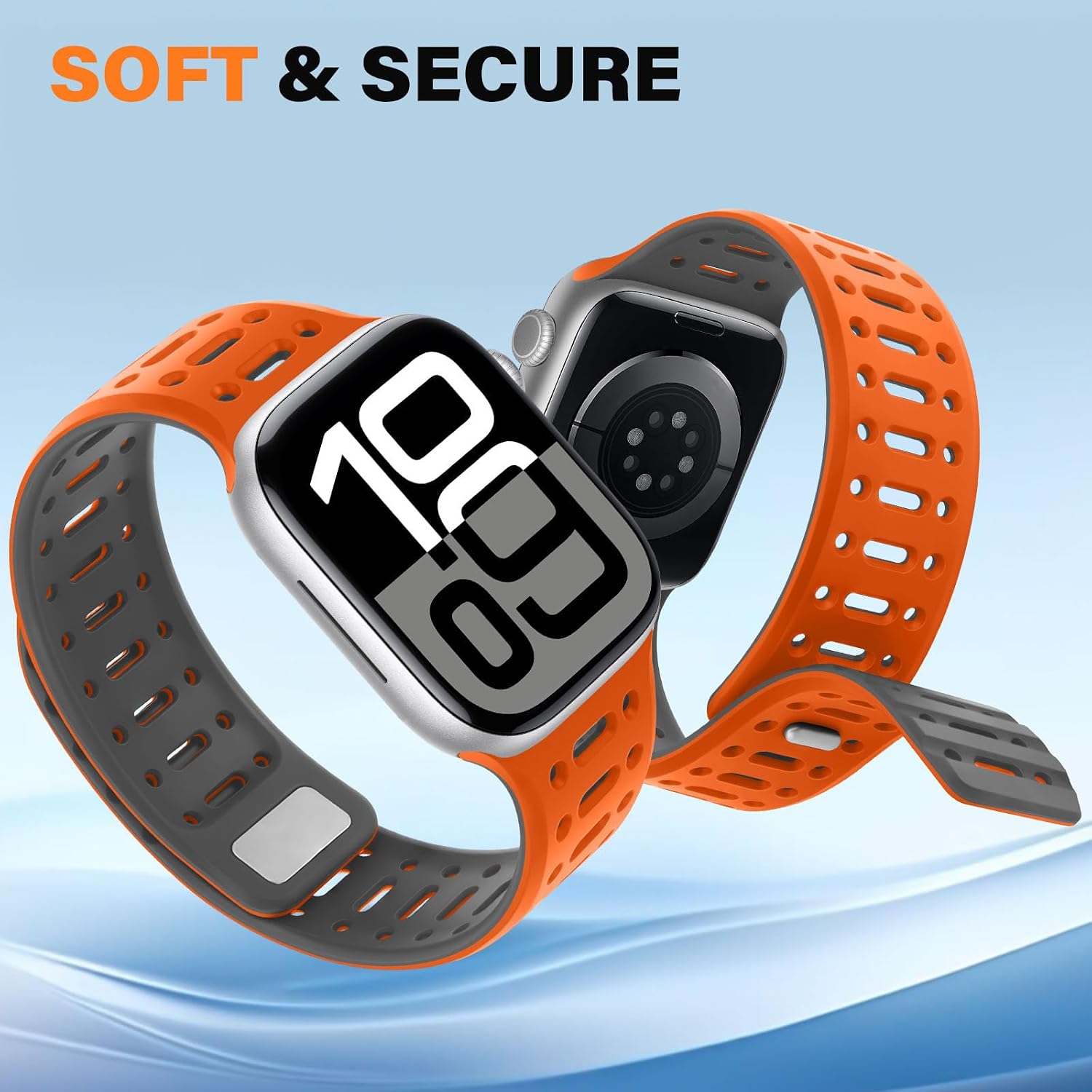 Detalle de Sixmoat Magnetic Strap for Apple Watch (42mm/41mm/40mm/38mm) – breathable silicone sport band with button & tuck closure (Orange-Gray)