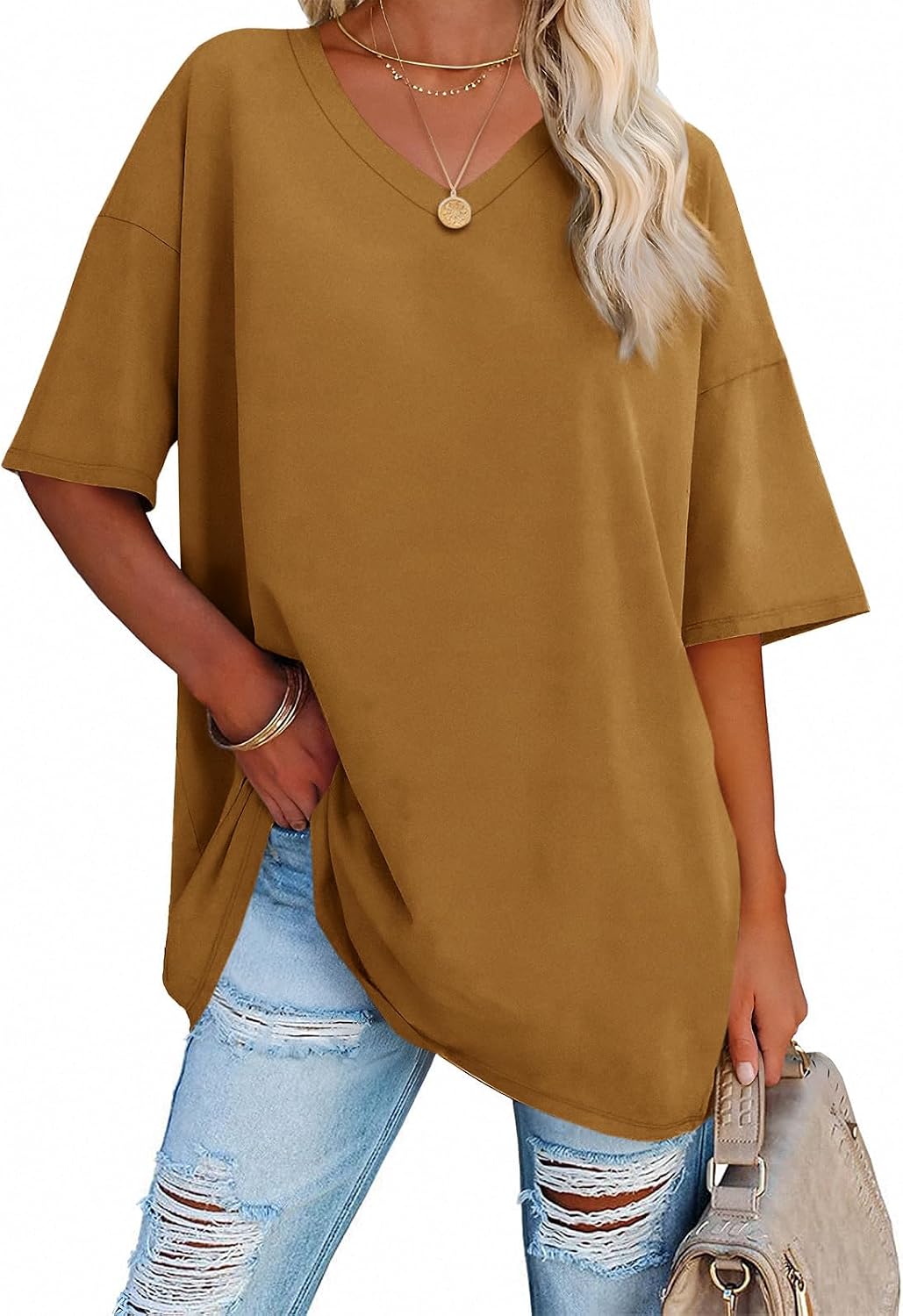 Thumbnail 1 de Ebifin T-Shirt Oversize Femme à Col V – Rouge, XXL