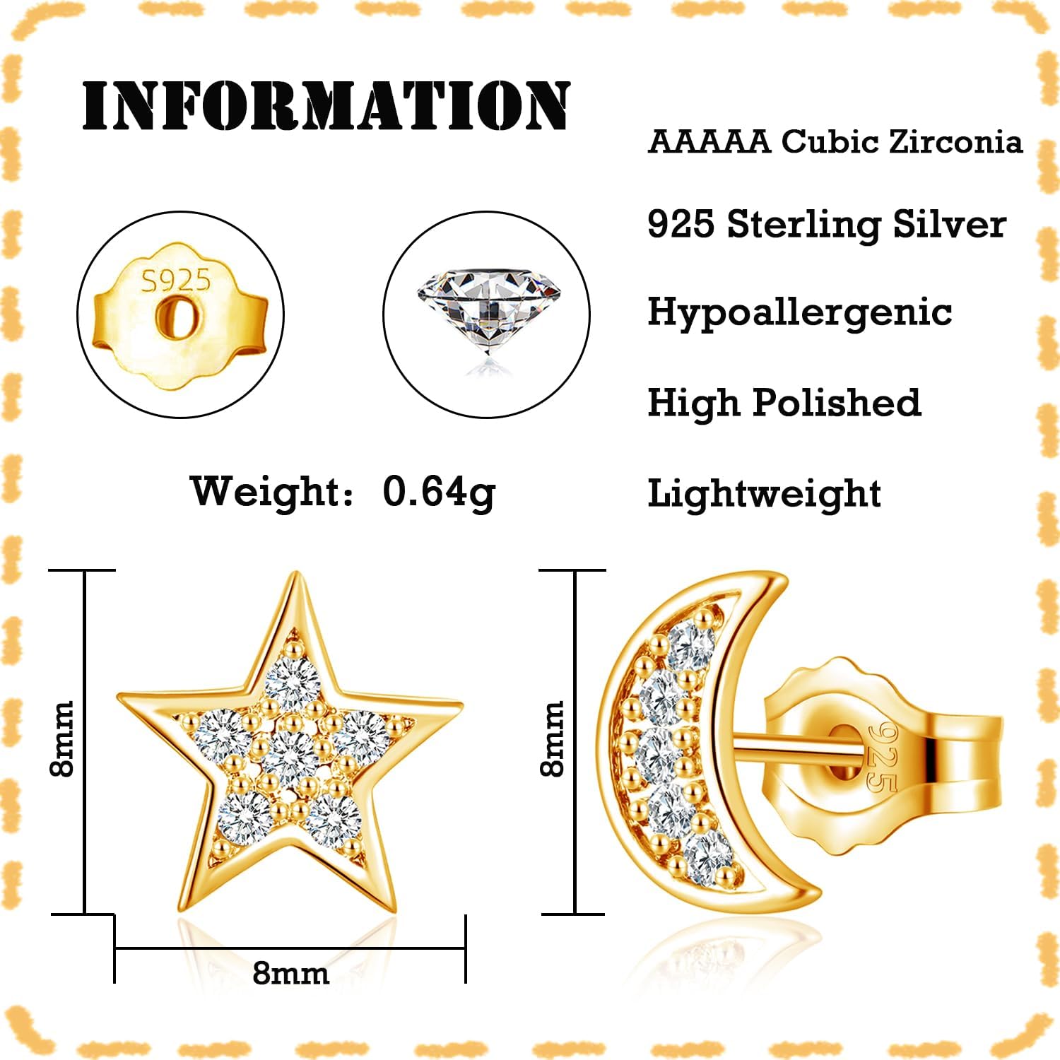 Thumbnail 1 de Deyanse 925 Sterling Silber Ohrstecker Set mit Stern-Mond-Herz & Zirkonia (8 mm) – Hypoallergen, mit Geschenkbox