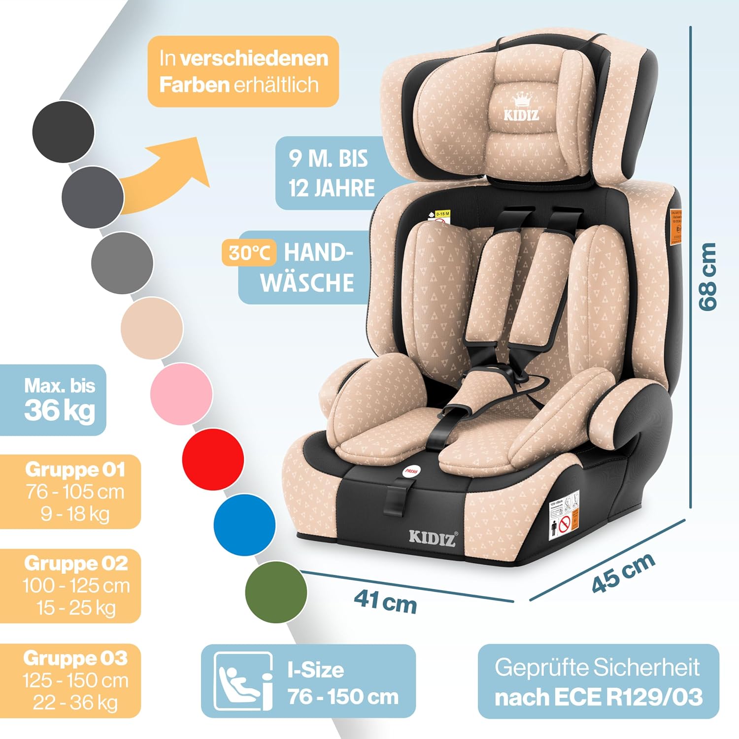 Detalle 2 de KIDIZ Autokindersitz i-Size R129 (100–150 cm) bis 12 Jahre – Gruppe 1/2/3, 5-Punkt-Gurt, höhenverstellbare Kopfstütze, ohne Isofix