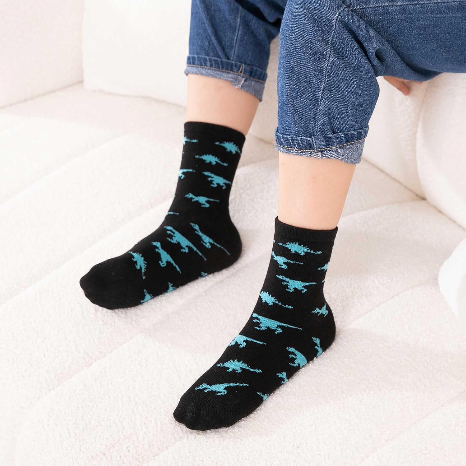 Detalle de PUTUO Chaussettes en coton pour enfant garçon – 5 paires avec motifs dinosaures et animaux