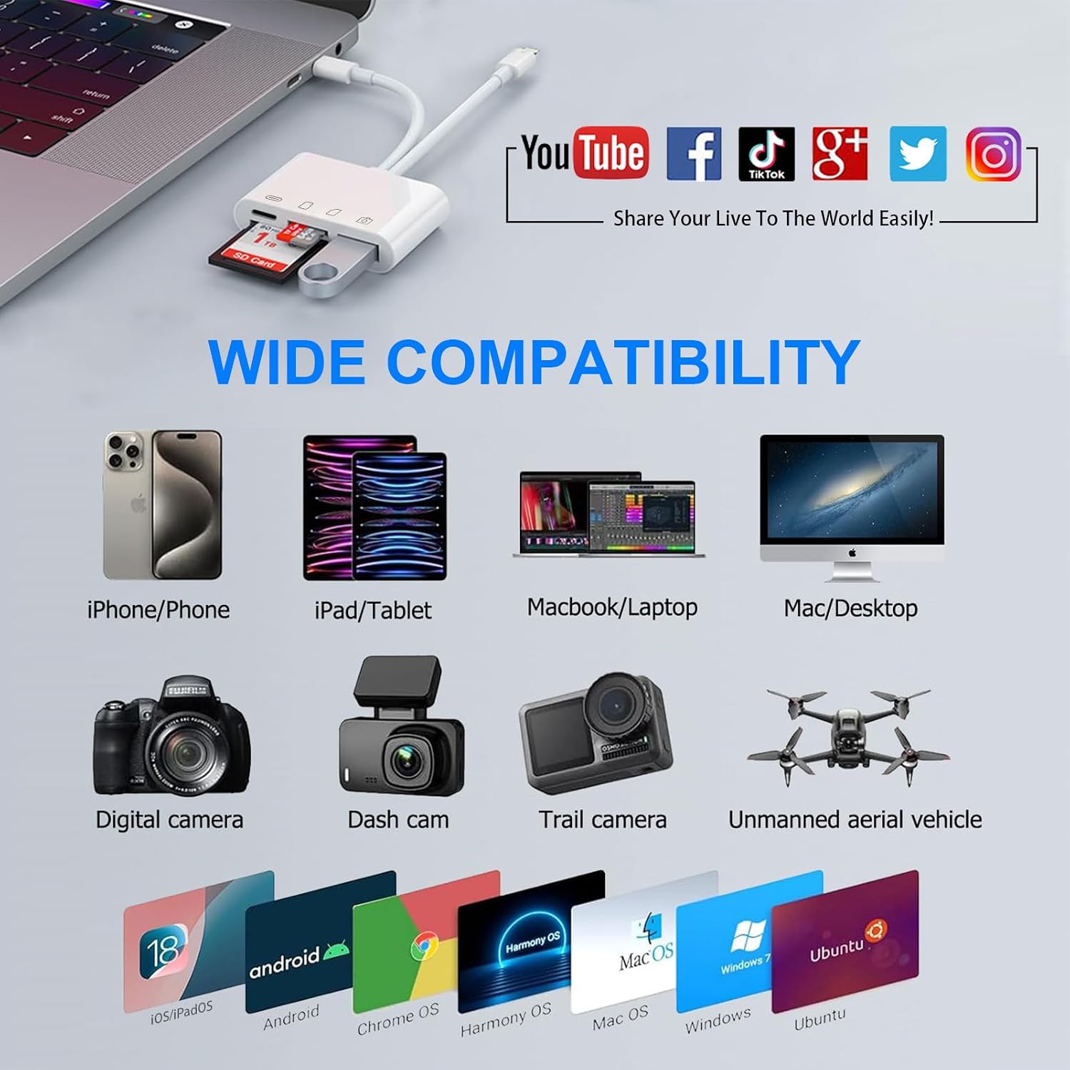 Thumbnail 6 de 5-in-1 SD Kartenleser für iPhone & Android – Lightning/USB‑C, USB OTG, SD/TF, Ladefunktion