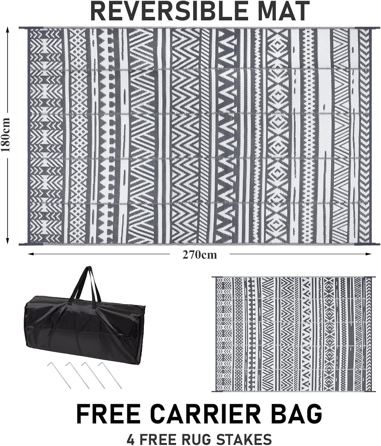 Detalle 2 de Enyhom Indoor Outdoor Rug Reversible (Grey, 180 x 270 cm) – Durable, UV‑Safe Polypropylene Patio Mat
