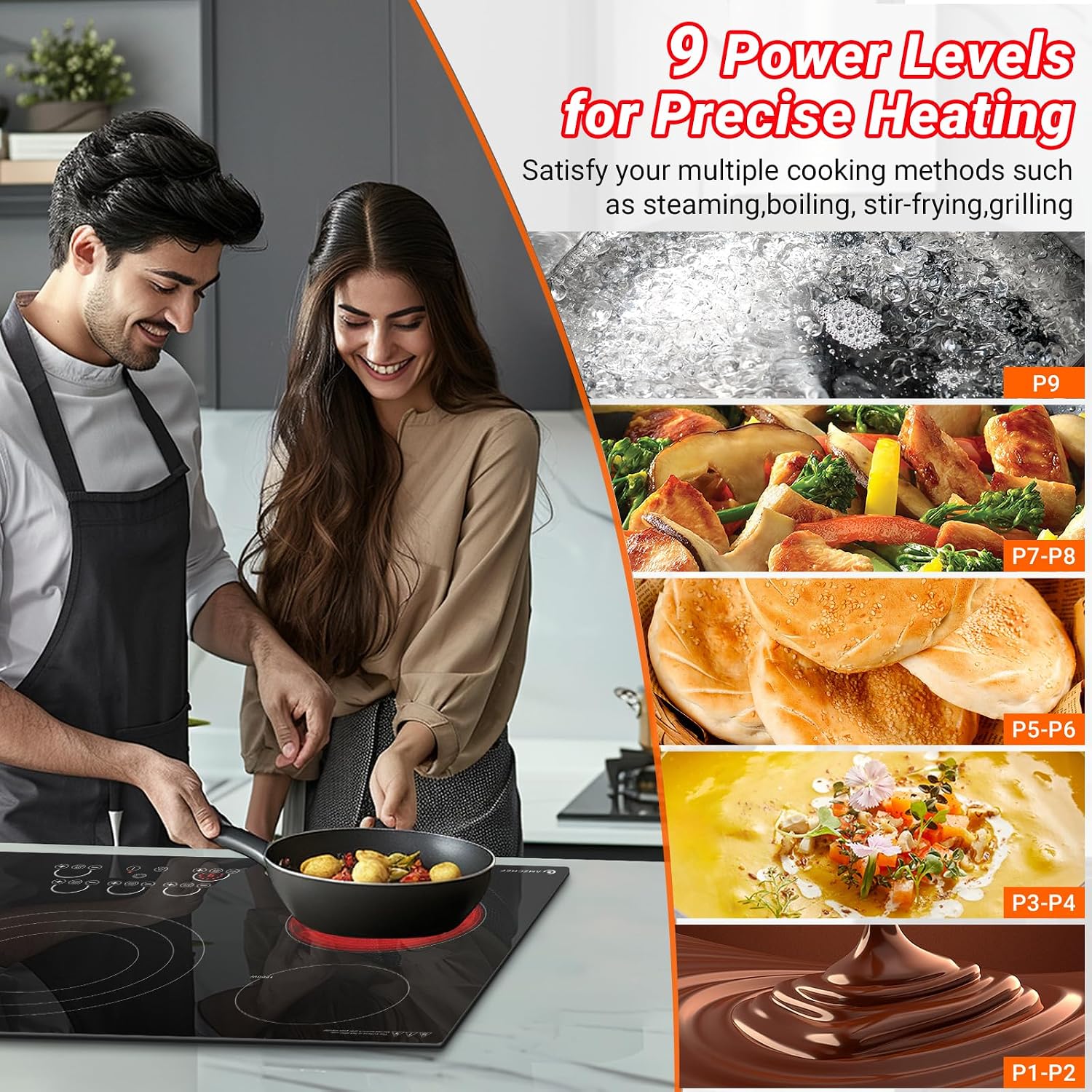 Detalle de AMZCHEF SK-90HLA30 30-Inch Electric Cooktop, 5 Burners, 9 Power Levels