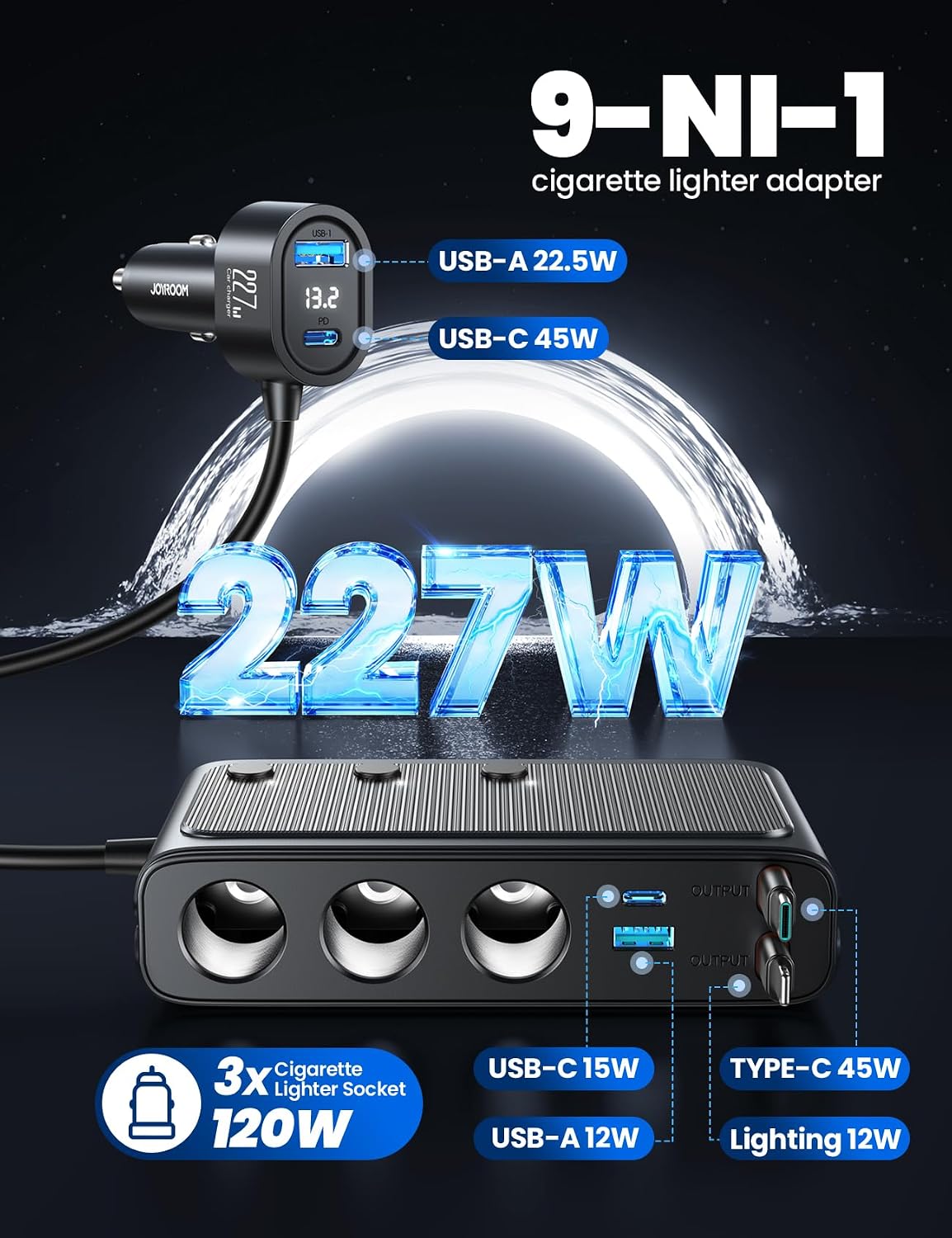 Thumbnail 6 de 227W 9-in-1 Cigarette Lighter Splitter with PD36W*2, QC3.0 Fast Car Charger, Retractable USB-C & Lightning Cables, 31.5in Retractable Cords, and LED Voltage Display