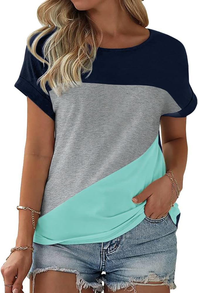 Thumbnail 2 de Fisoew Damen T-Shirt Rundhals Farbblock – locker sitzendes Baumwoll-Oberteil für den Sommer