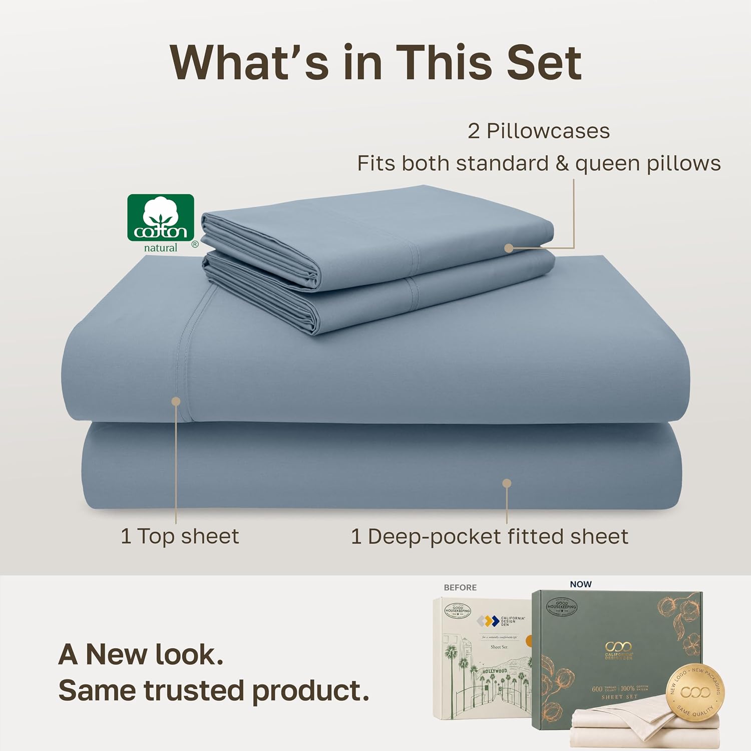 Detalle de California Design Den 840307139771 Queen Cotton Sheet Set, Pastel Blue, 600 Thread Count