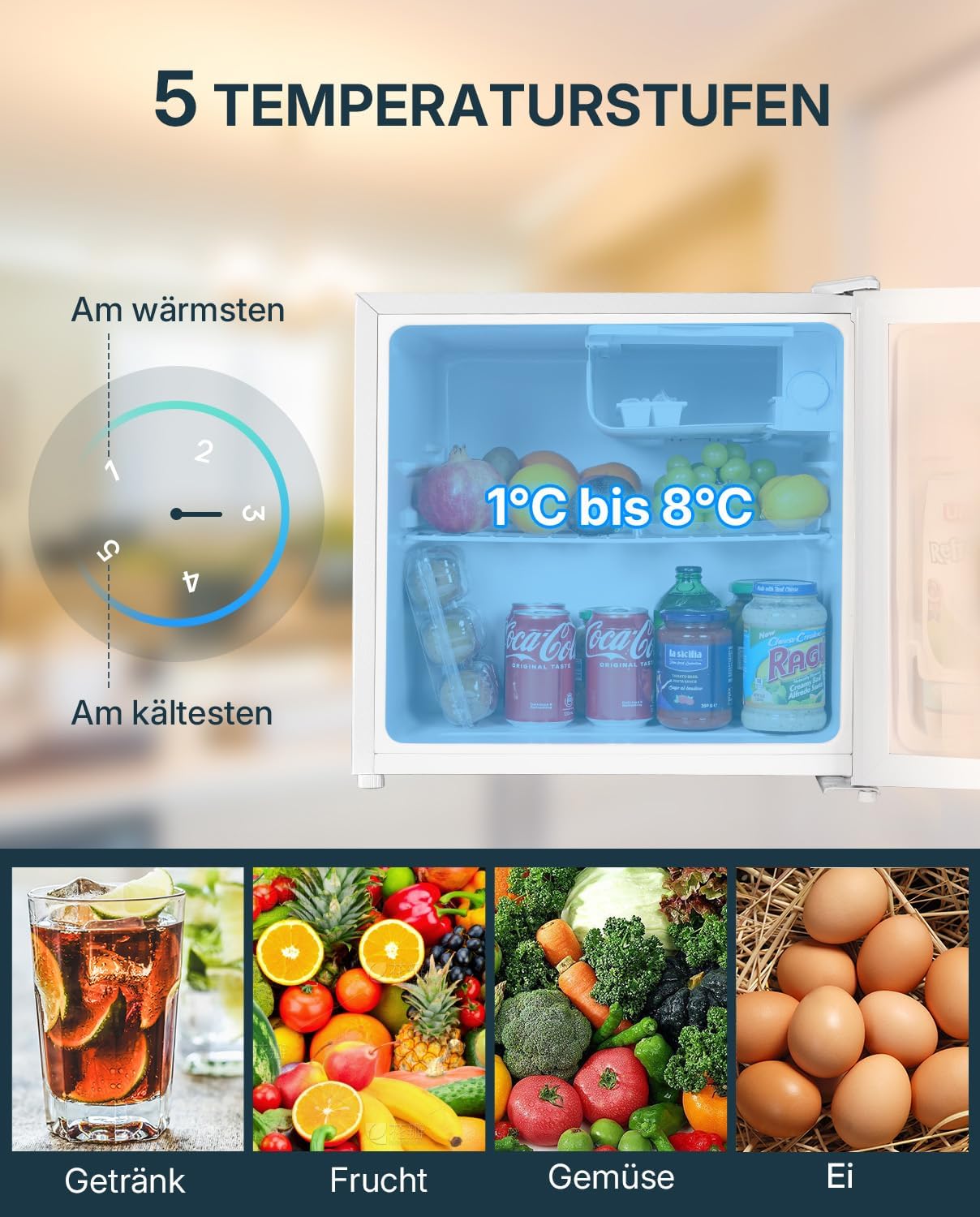 Detalle de Upstreman Mini Kühlschrank 46 L mit Eisfach – kompakt, leise und energiesparend