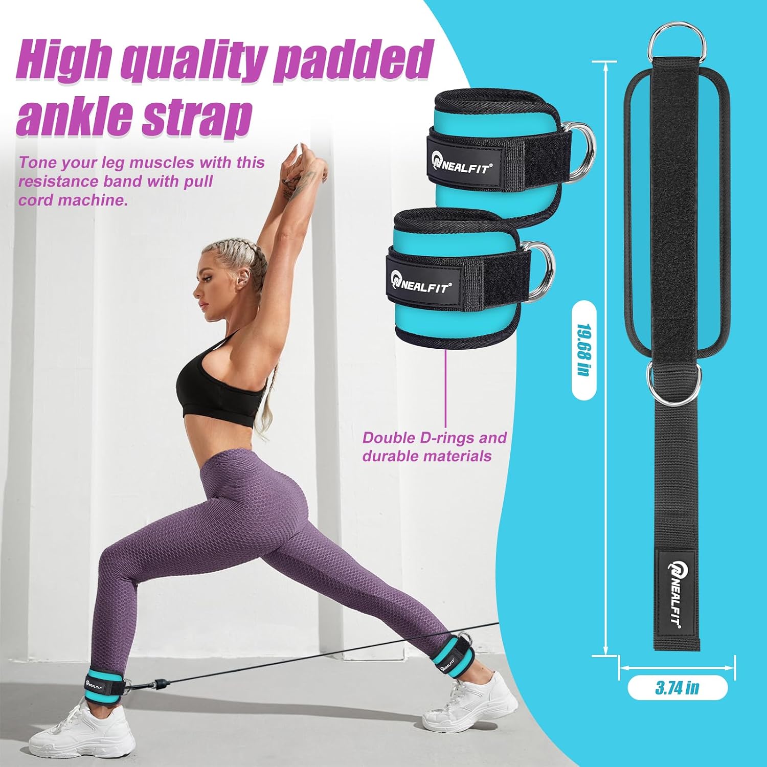 Detalle de NEALFIT Ankle Straps for Cable Machines, 7 mm Neoprene, Blue Pair