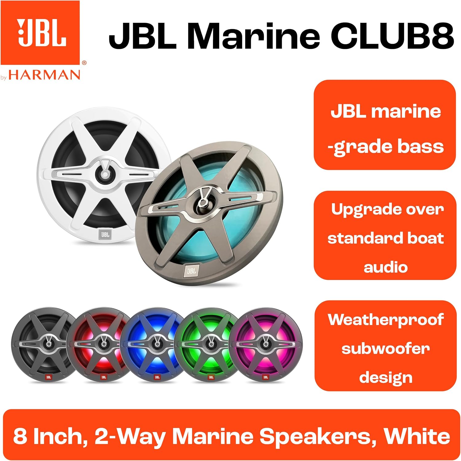 Detalle 1 de JBL Club Marine 8" JBLMARSPKCB82AM 2-Way Marine Speaker with IPX5 and RGB LEDs