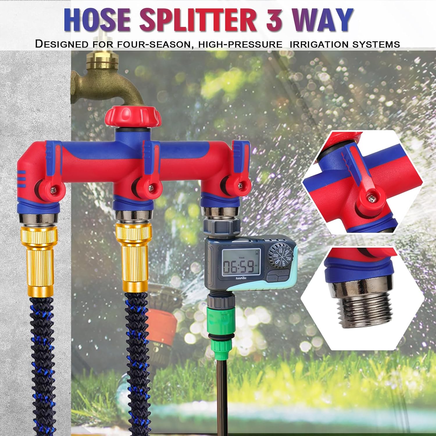Detalle 2 de 3 Way Hose Splitter: Garden Hose Connector with Shutoff Valves for Simultaneous Use