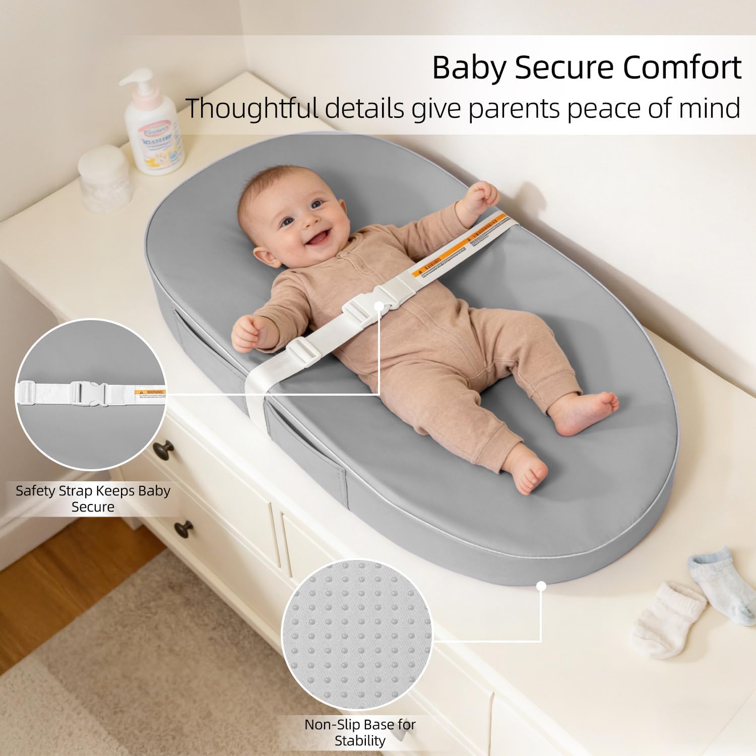 Detalle 2 de JVEOO Waterproof Vegan Leather Baby Changing Pad with Safety Strap