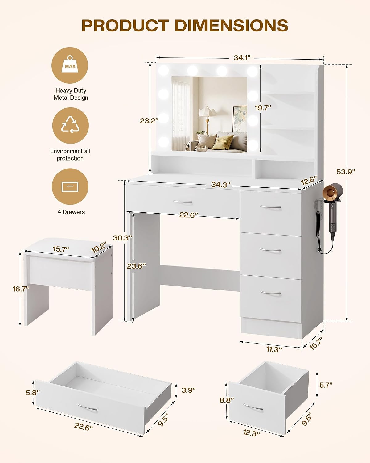 Detalle de LIVELYGLOW RXUS-NDZK-White Makeup Vanity Desk with 10 LED Bulbs and 4 Drawers